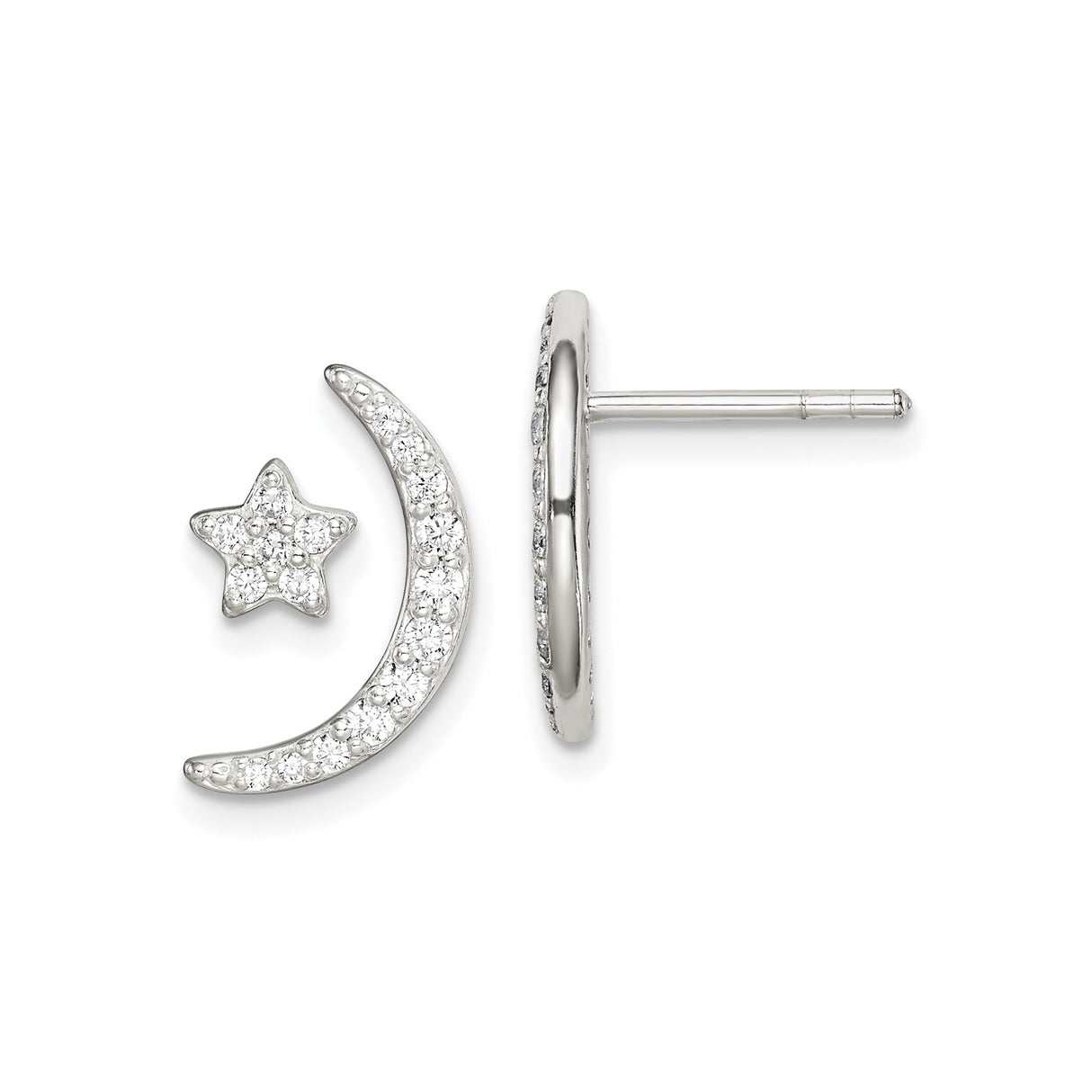 Sterling Silver Crescent Moon and Star Earrings with Clear Crystal Accents, Celestial Studs