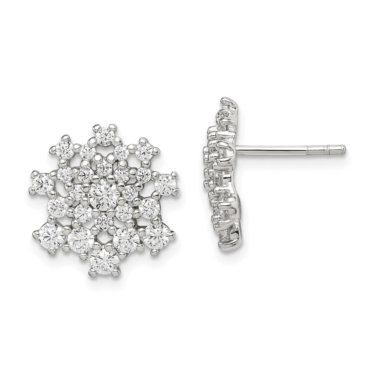 Sterling Silver Snowflake Stud Earrings with Cubic Zirconia Cluster Design for Women