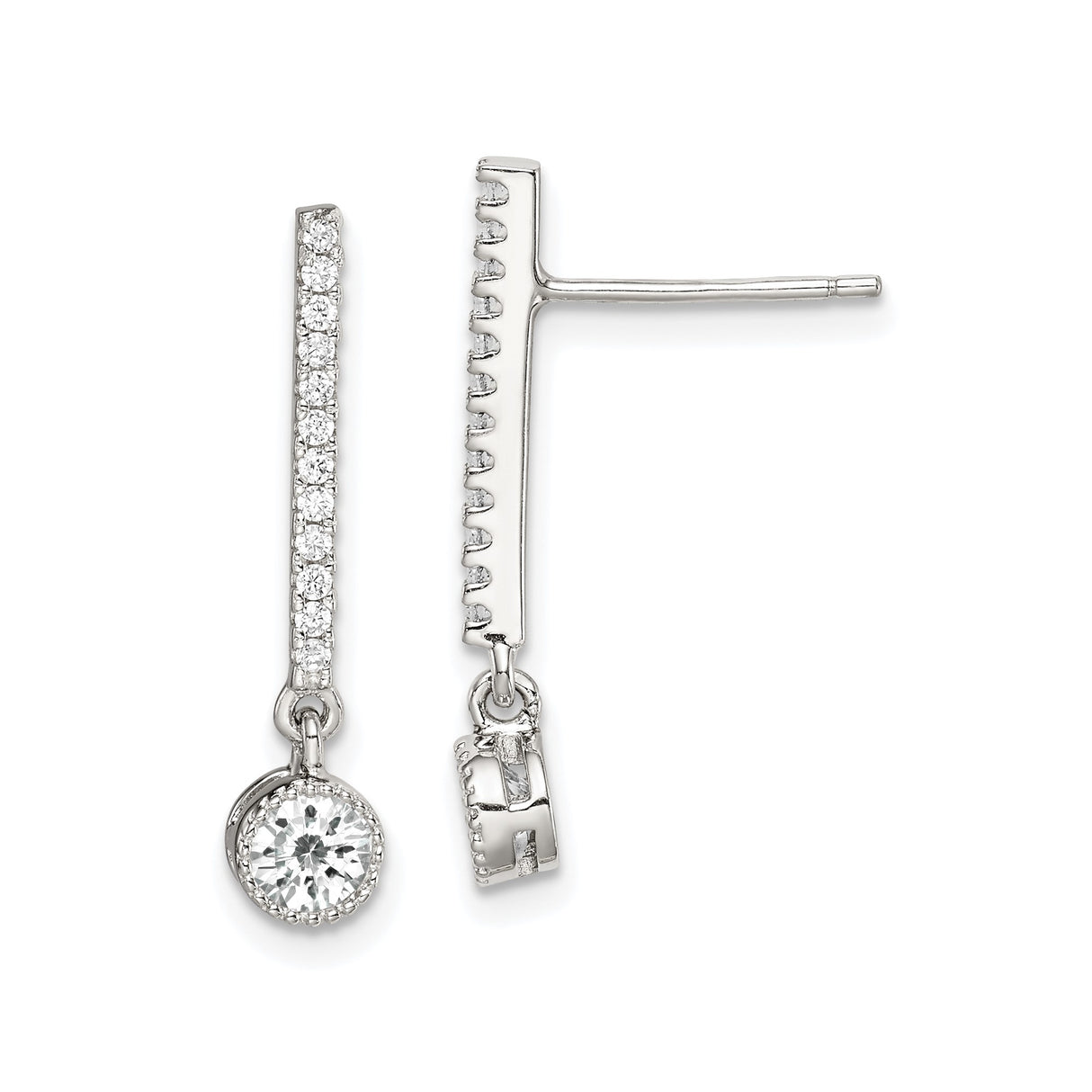 Sterling Silver Dangle Earrings with Cubic Zirconia, Solitaire Drop and Pavé Vertical Line Design