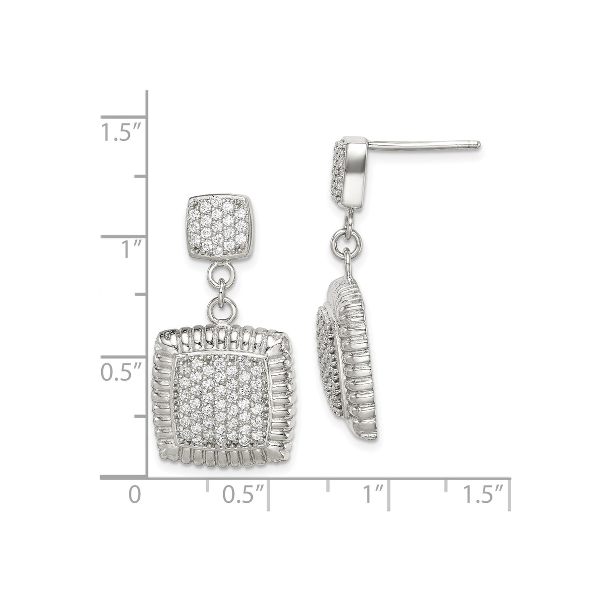 Sterling Silver Dangle Earrings with Cubic Zirconia, Square Double Drops, Textured Border
