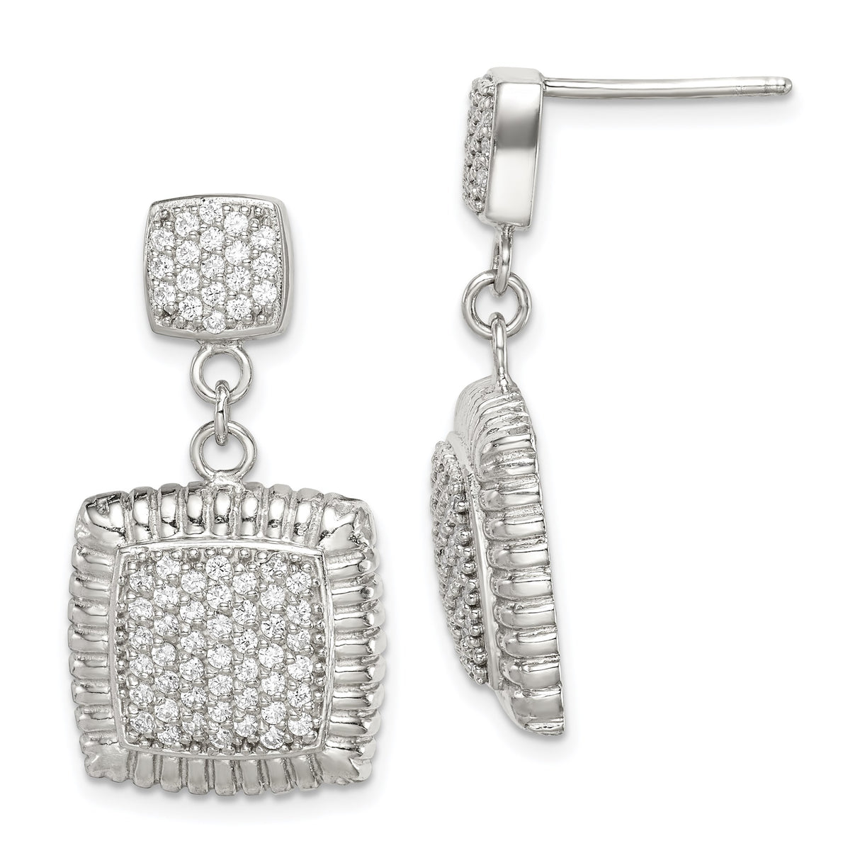 Sterling Silver Dangle Earrings with Cubic Zirconia, Square Double Drops, Textured Border