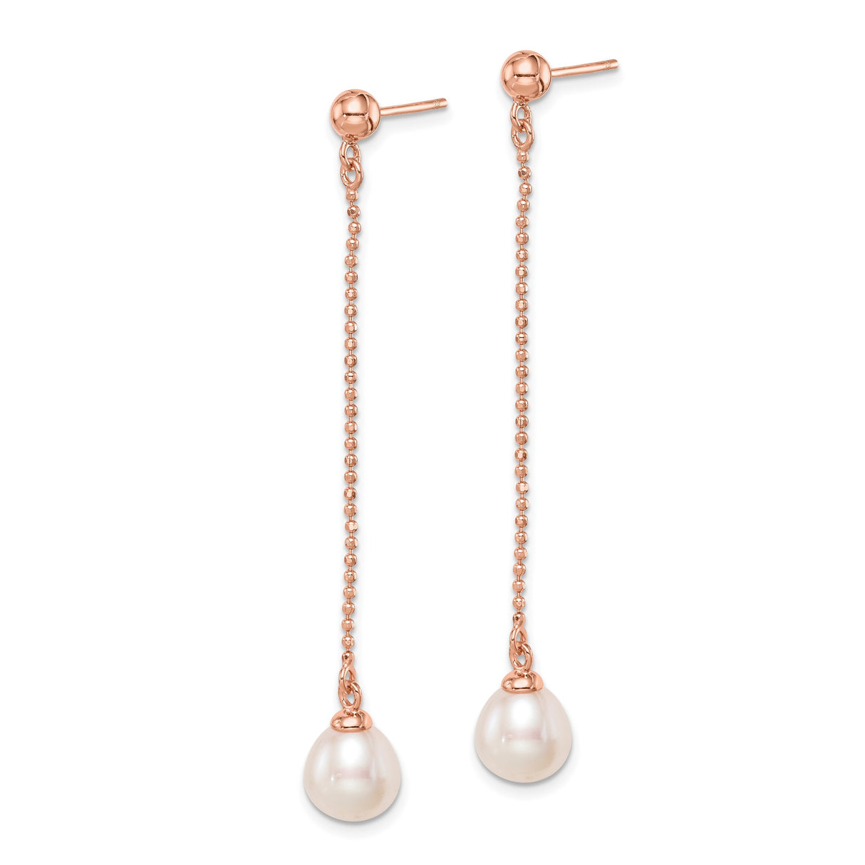 Sterling Silver Dangle Earrings with White Freshwater Pearls, Rose Gold Plated Chain Drops