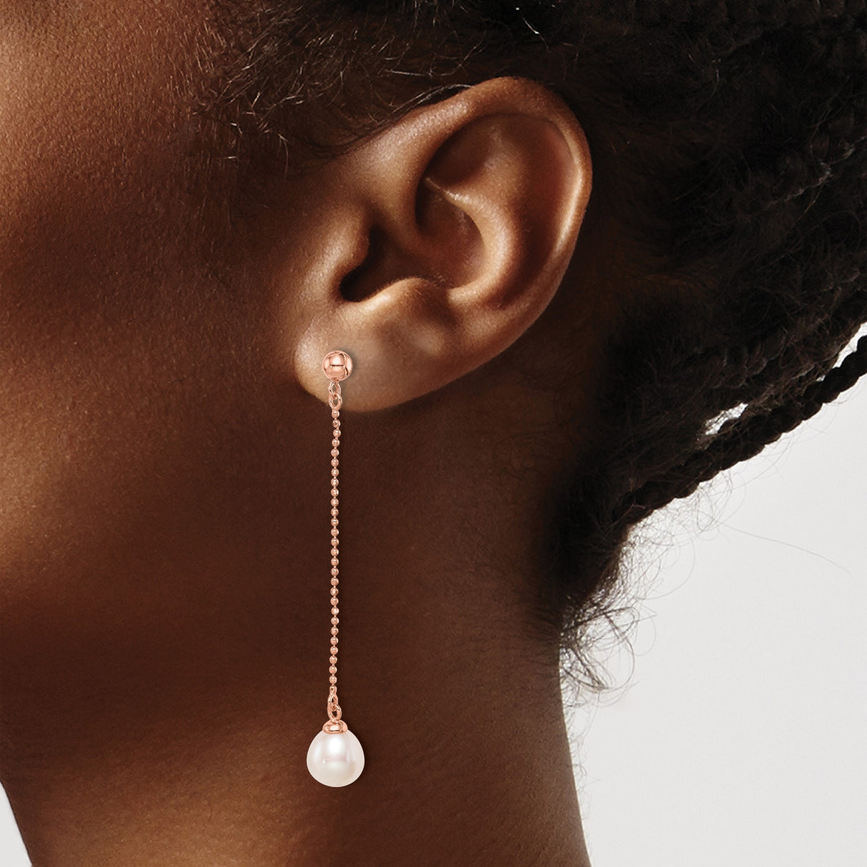 Sterling Silver Dangle Earrings with White Freshwater Pearls, Rose Gold Plated Chain Drops