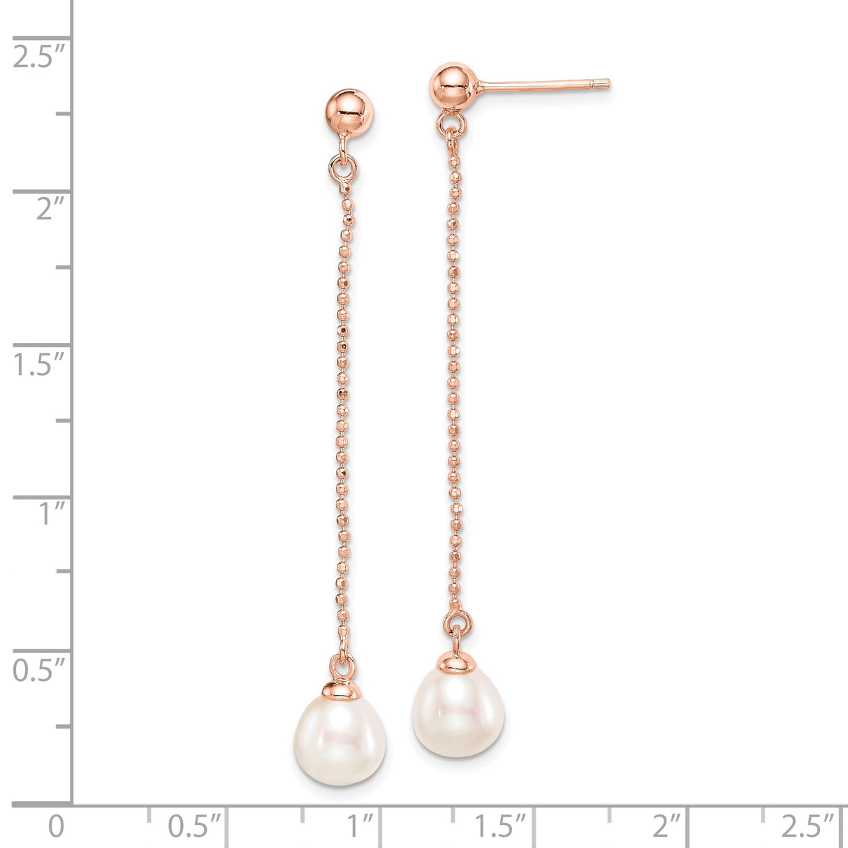 Sterling Silver Dangle Earrings with White Freshwater Pearls, Rose Gold Plated Chain Drops