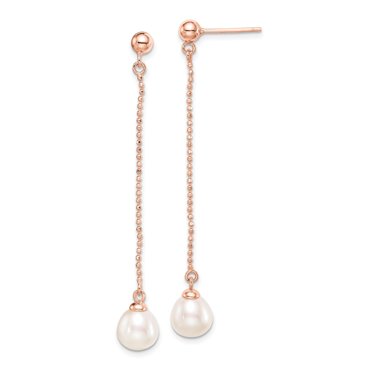 Sterling Silver Dangle Earrings with White Freshwater Pearls, Rose Gold Plated Chain Drops
