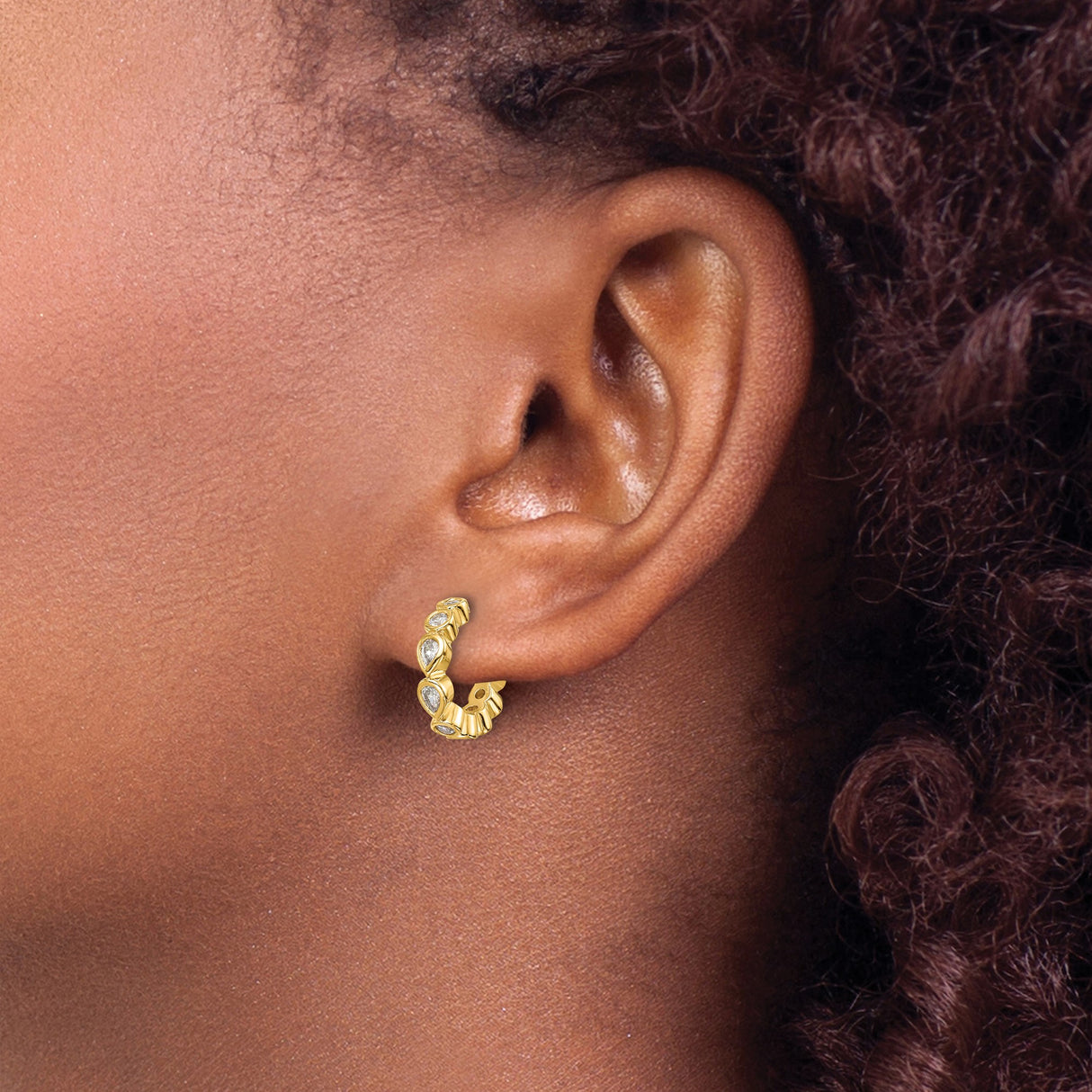 Sterling Silver Hoop Earrings with Teardrop Cubic Zirconia and Textured Design