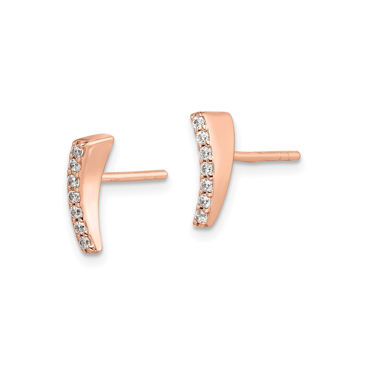 Sterling Silver Curved Bar Stud Earrings with Cubic Zirconia, Rose Gold Plated, Minimalist Style