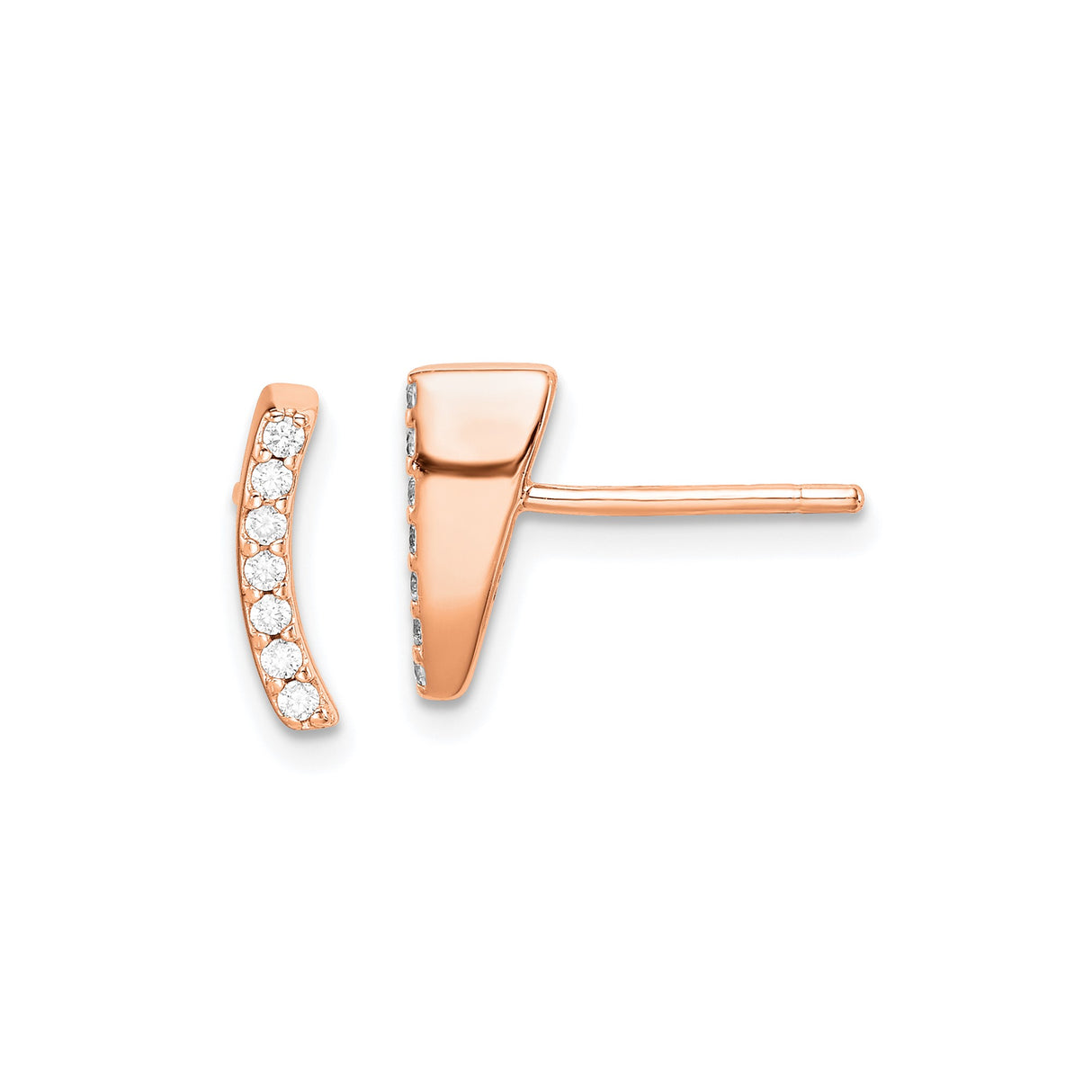 Sterling Silver Curved Bar Stud Earrings with Cubic Zirconia, Rose Gold Plated, Minimalist Style