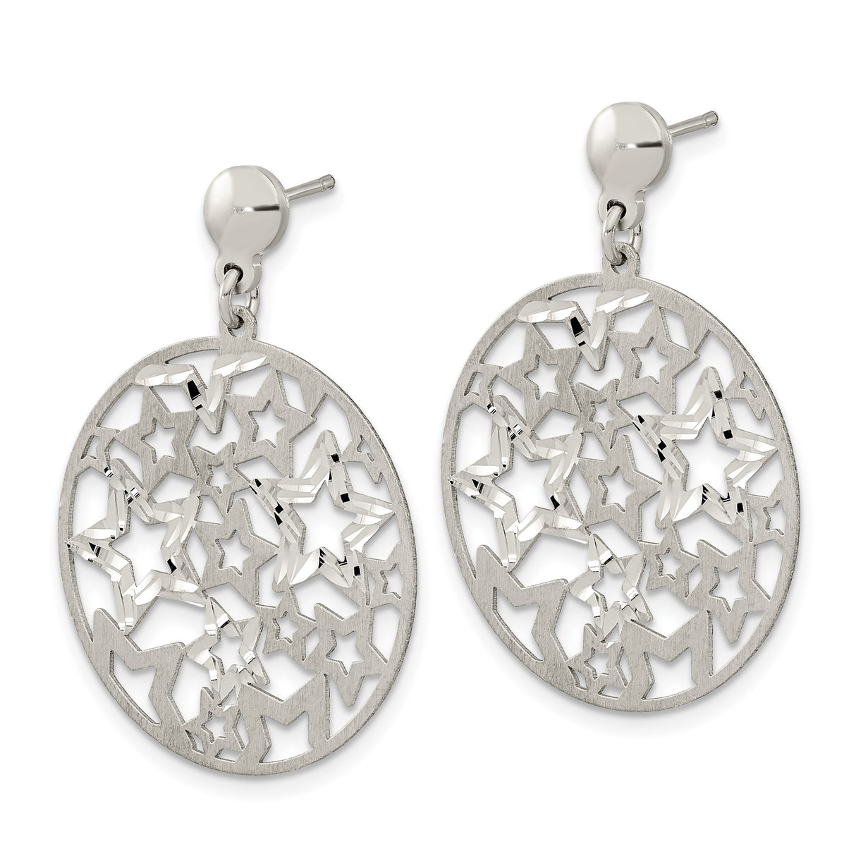 Sterling Silver Drop Earrings with Star and Celestial Cutout Design, Brushed Finish