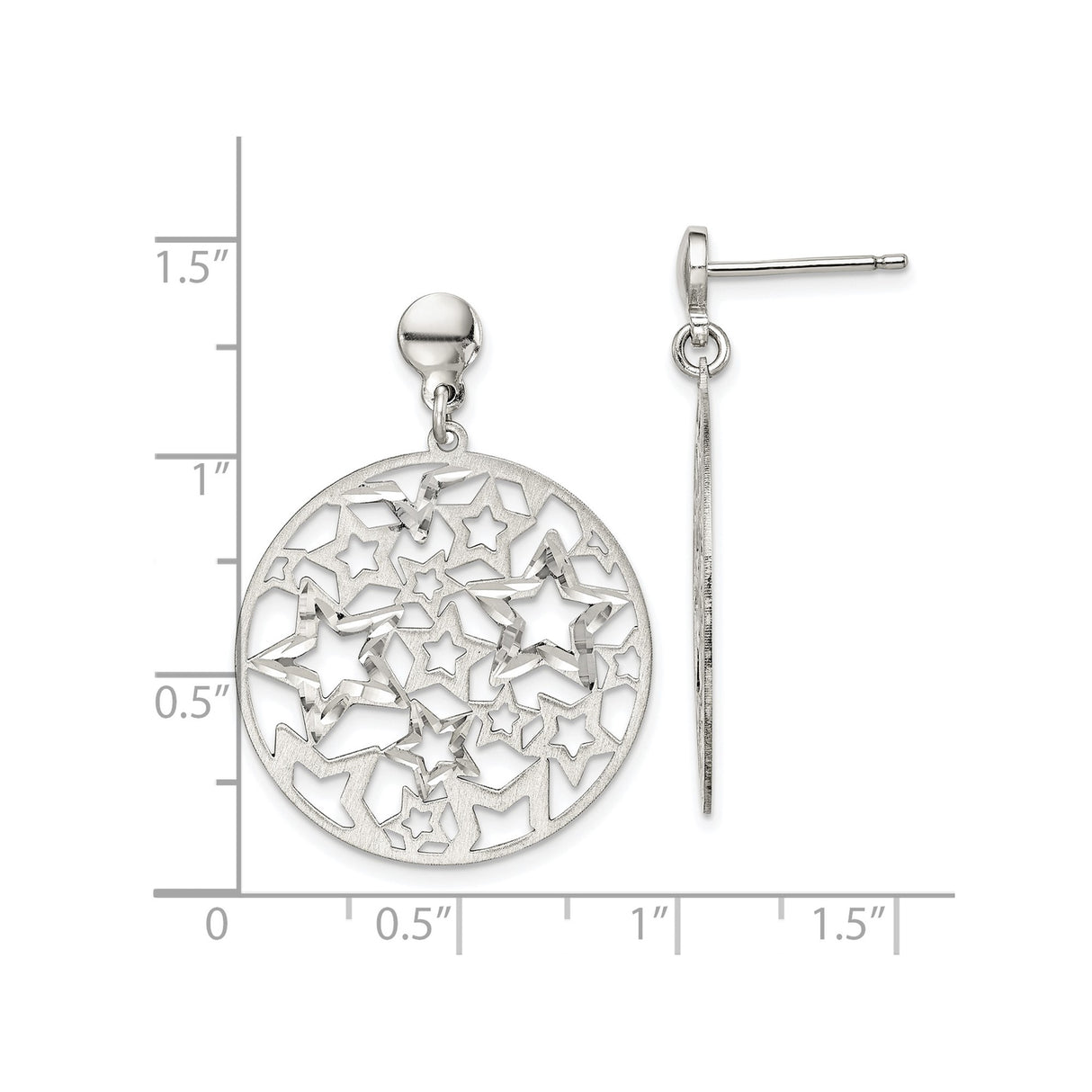 Sterling Silver Drop Earrings with Star and Celestial Cutout Design, Brushed Finish