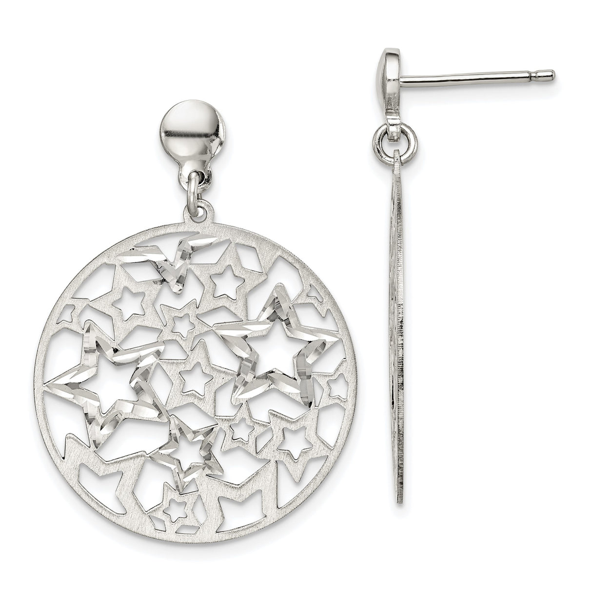 Sterling Silver Drop Earrings with Star and Celestial Cutout Design, Brushed Finish