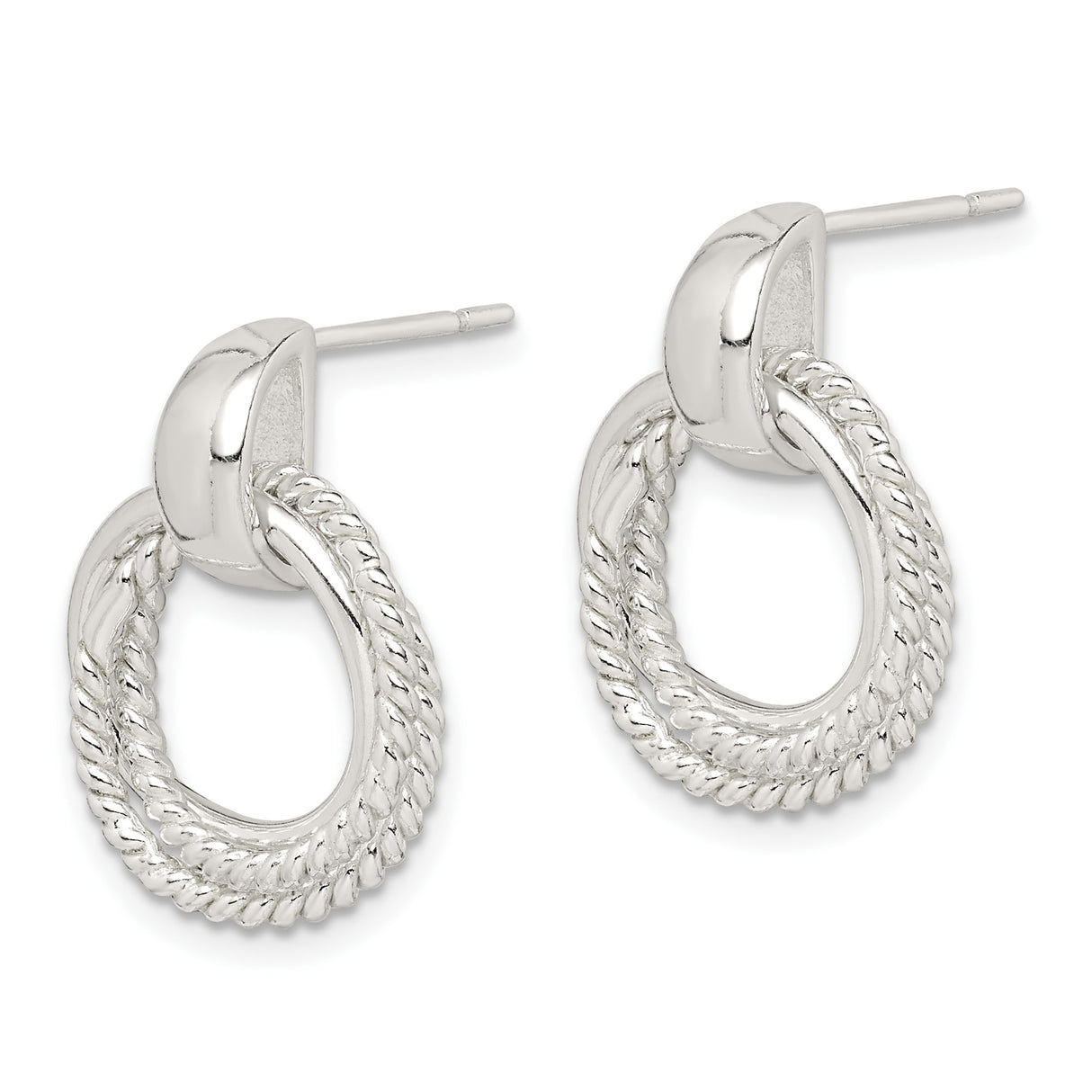 Sterling Silver Double Circle Stud Earrings with Polished and Twisted Rope Design