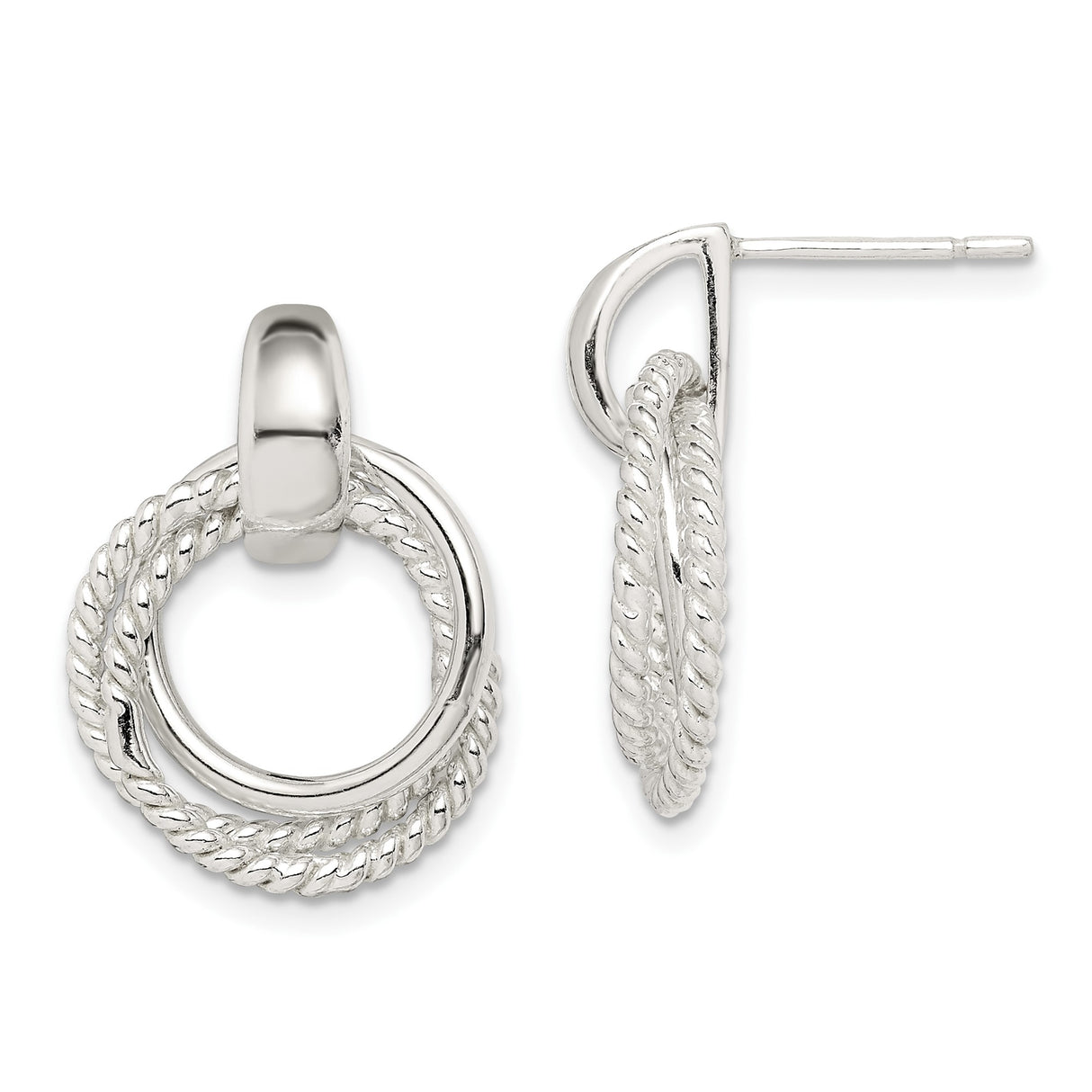 Sterling Silver Double Circle Stud Earrings with Polished and Twisted Rope Design