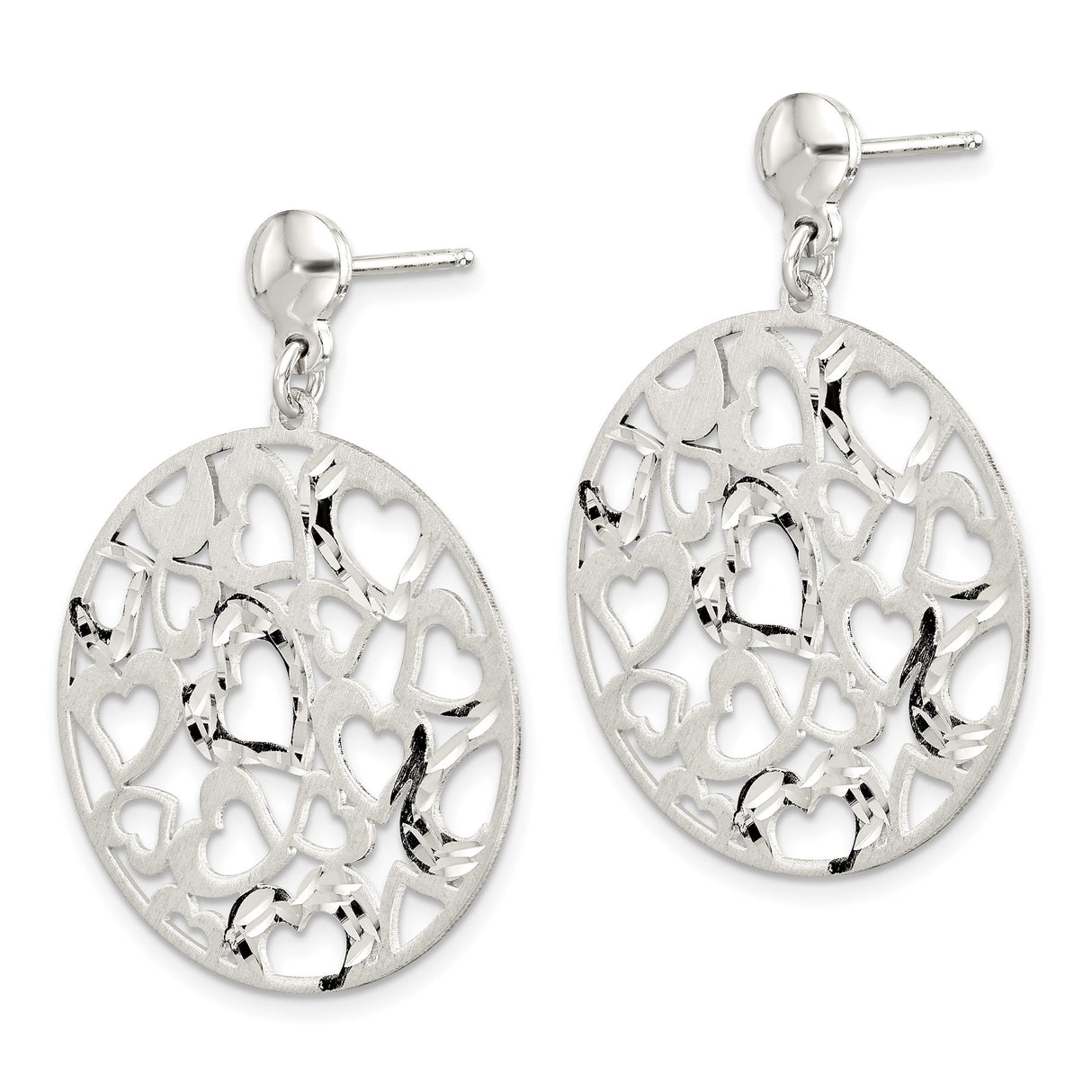Sterling Silver Dangle Earrings with Openwork Round Disc and Cutout Hearts Design
