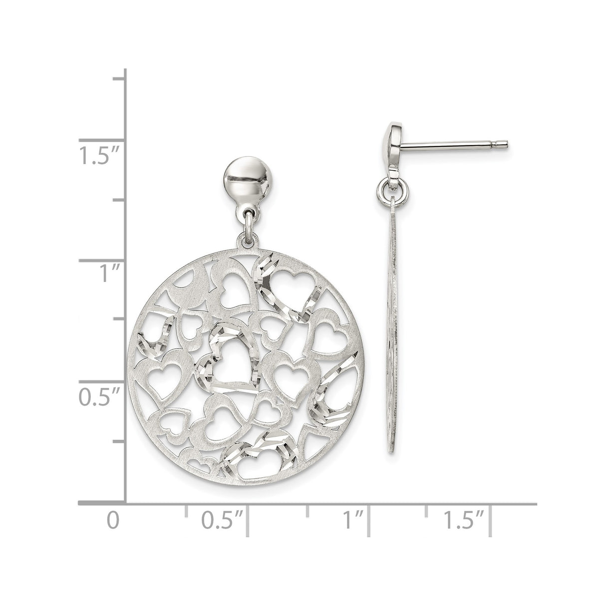 Sterling Silver Dangle Earrings with Openwork Round Disc and Cutout Hearts Design