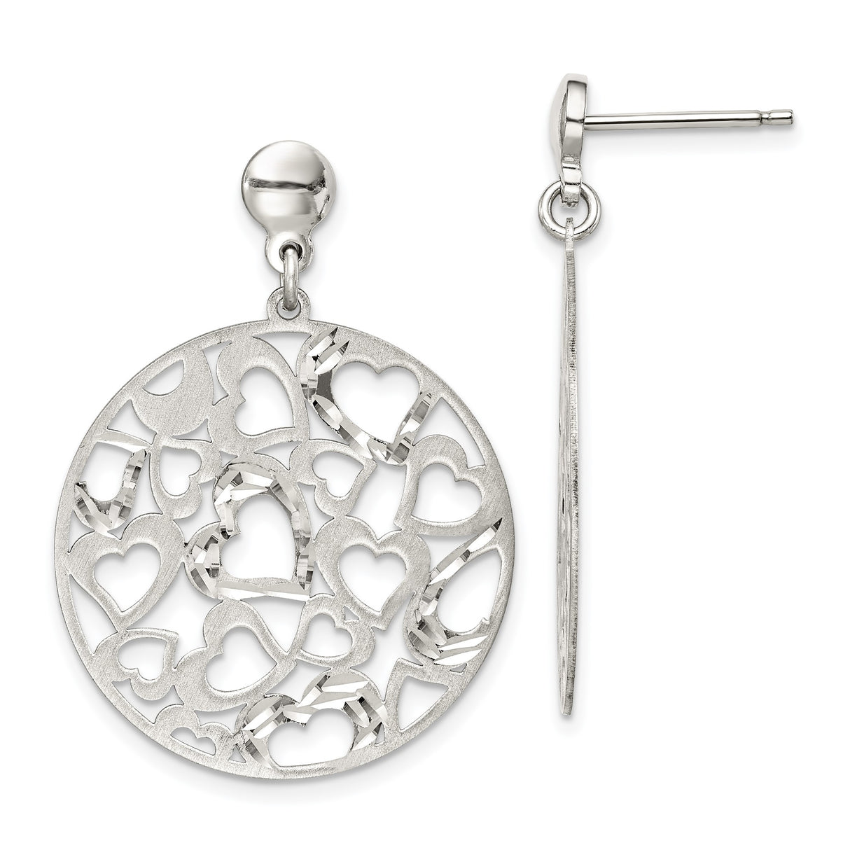 Sterling Silver Dangle Earrings with Openwork Round Disc and Cutout Hearts Design