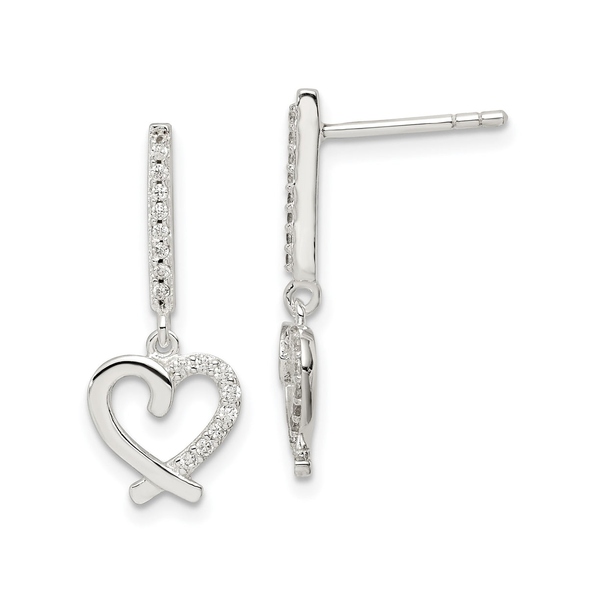 Sterling Silver Dangle Earrings with Cubic Zirconia, Open Heart Design, Romantic Drop Style