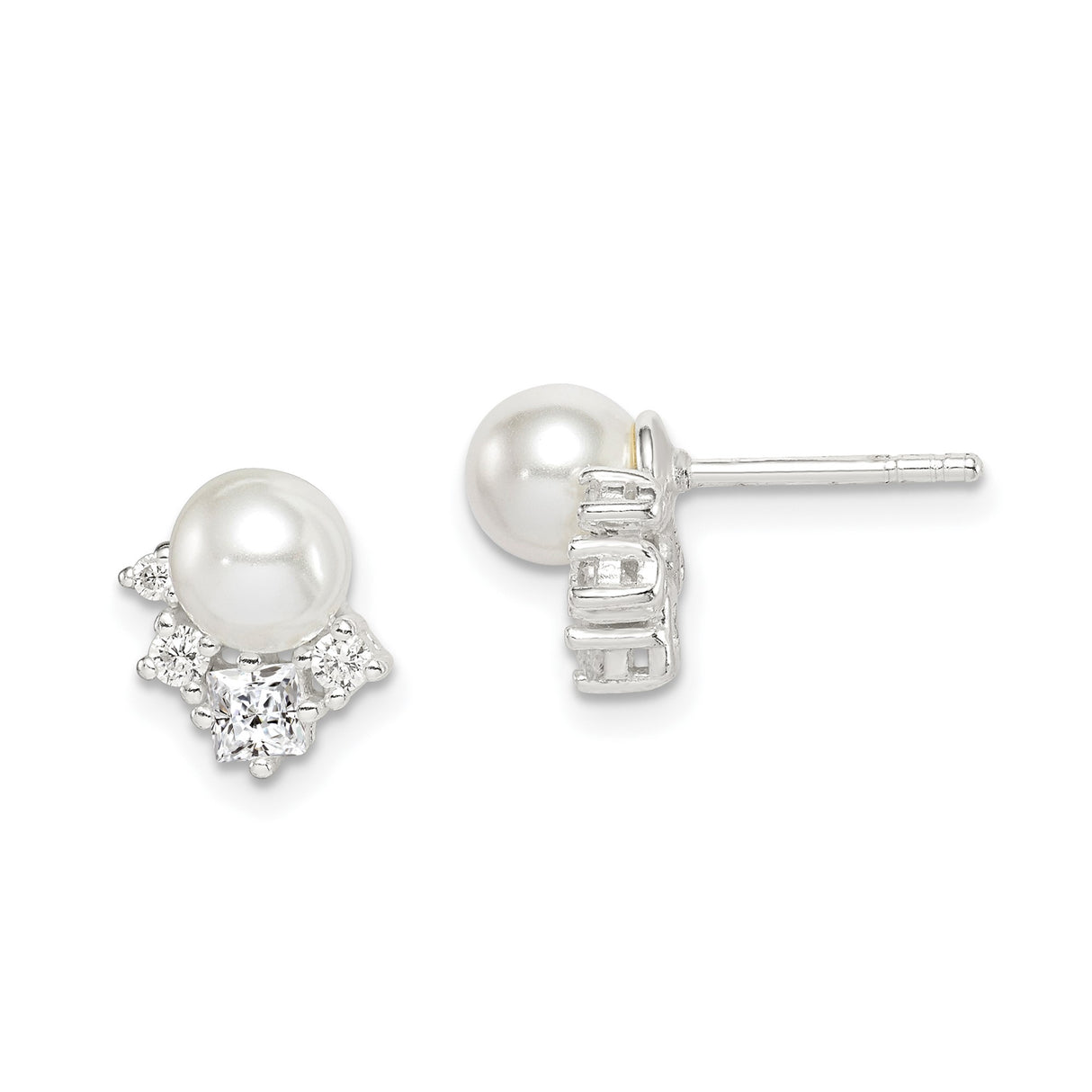 Sterling Silver Pearl Stud Earrings with Cubic Zirconia Cluster Design for Women