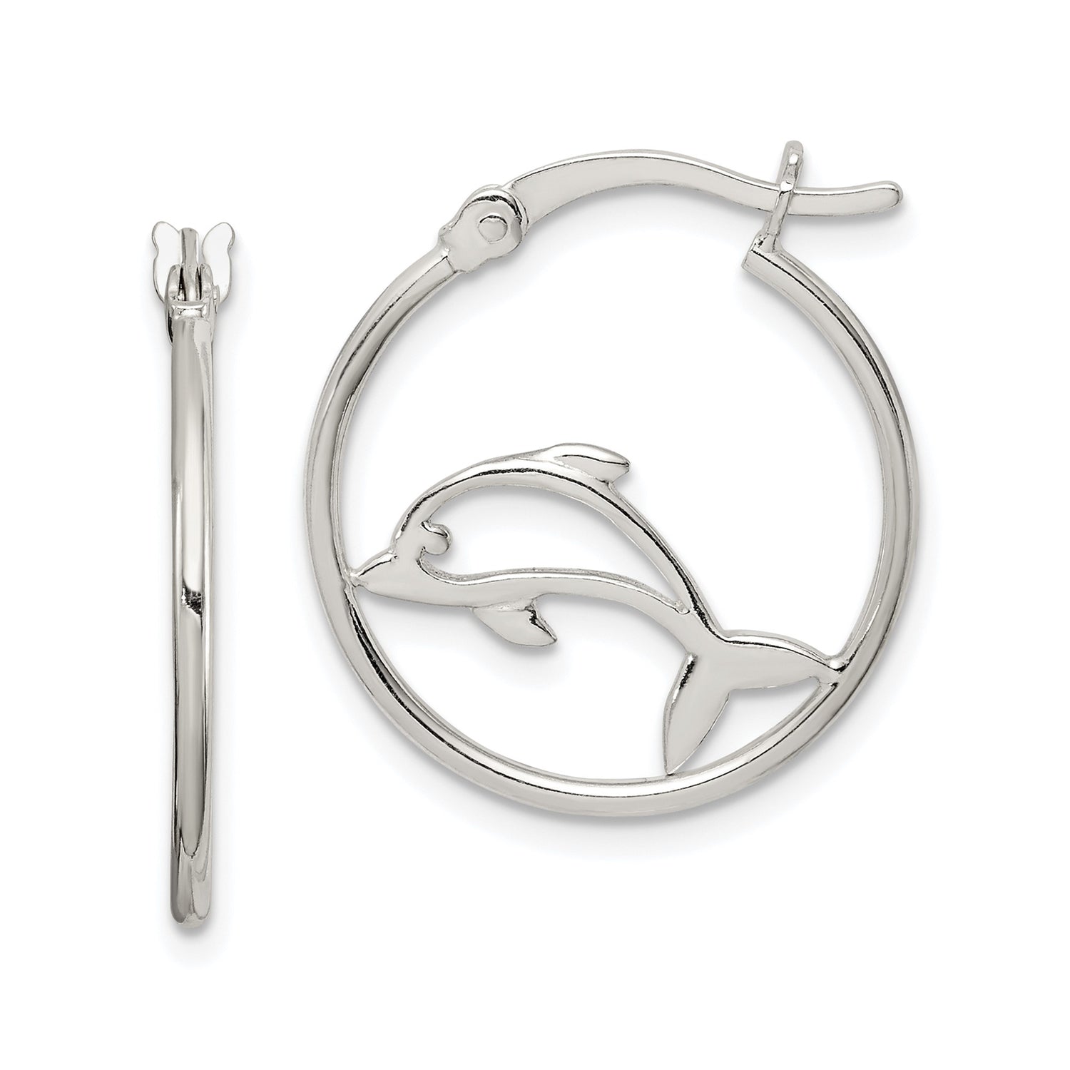 Sterling Silver Dolphin Hoop Earrings with Openwork Design, Nautical Marine Theme for Women and Girls