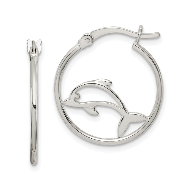 Sterling Silver Dolphin Hoop Earrings with Openwork Design, Nautical Marine Theme for Women and Girls