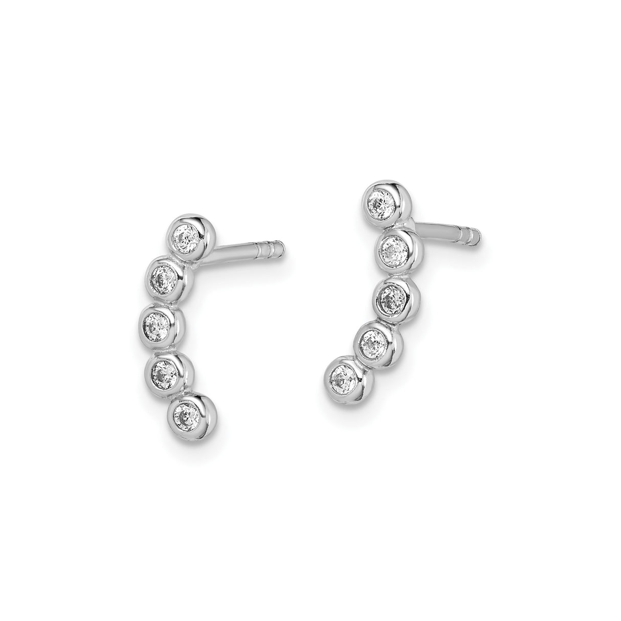 Sterling Silver Curved Bar Stud Earrings with Five Bezel Set Cubic Zirconia Stones, Minimalist Design