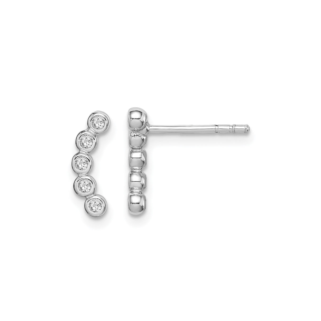 Sterling Silver Curved Bar Stud Earrings with Five Bezel Set Cubic Zirconia Stones, Minimalist Design