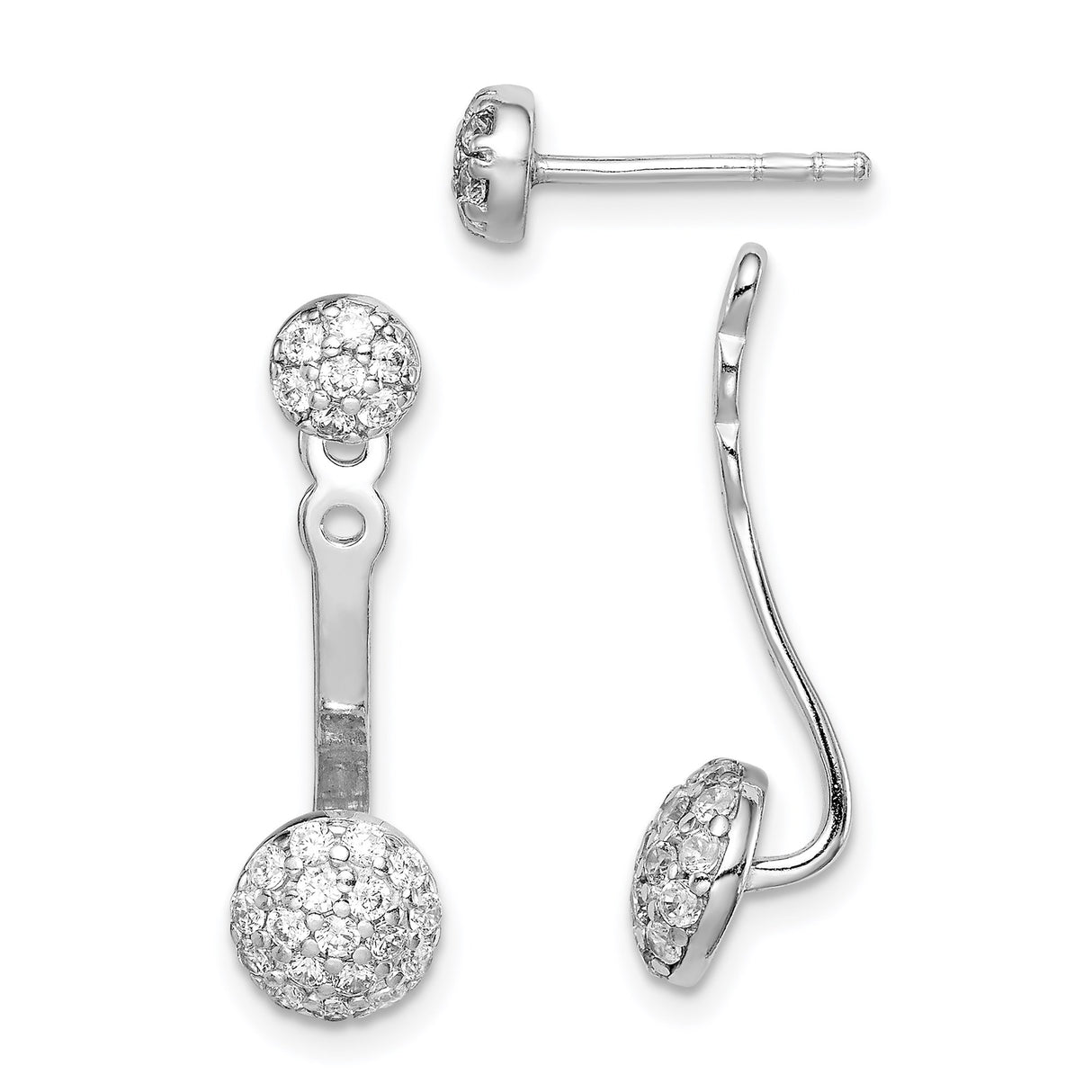 Sterling Silver Jacket Earrings with Cubic Zirconia, Dual Ball Drop Front-Back Design