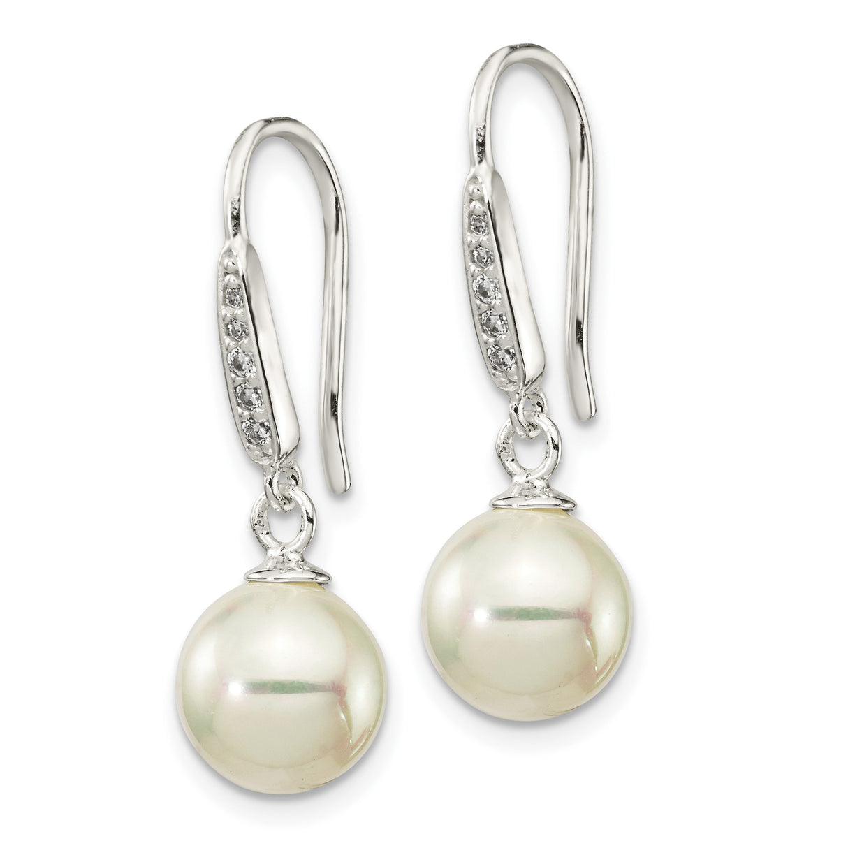 Sterling Silver Dangle Earrings with White Freshwater Cultured Pearls and Cubic Zirconia Accents
