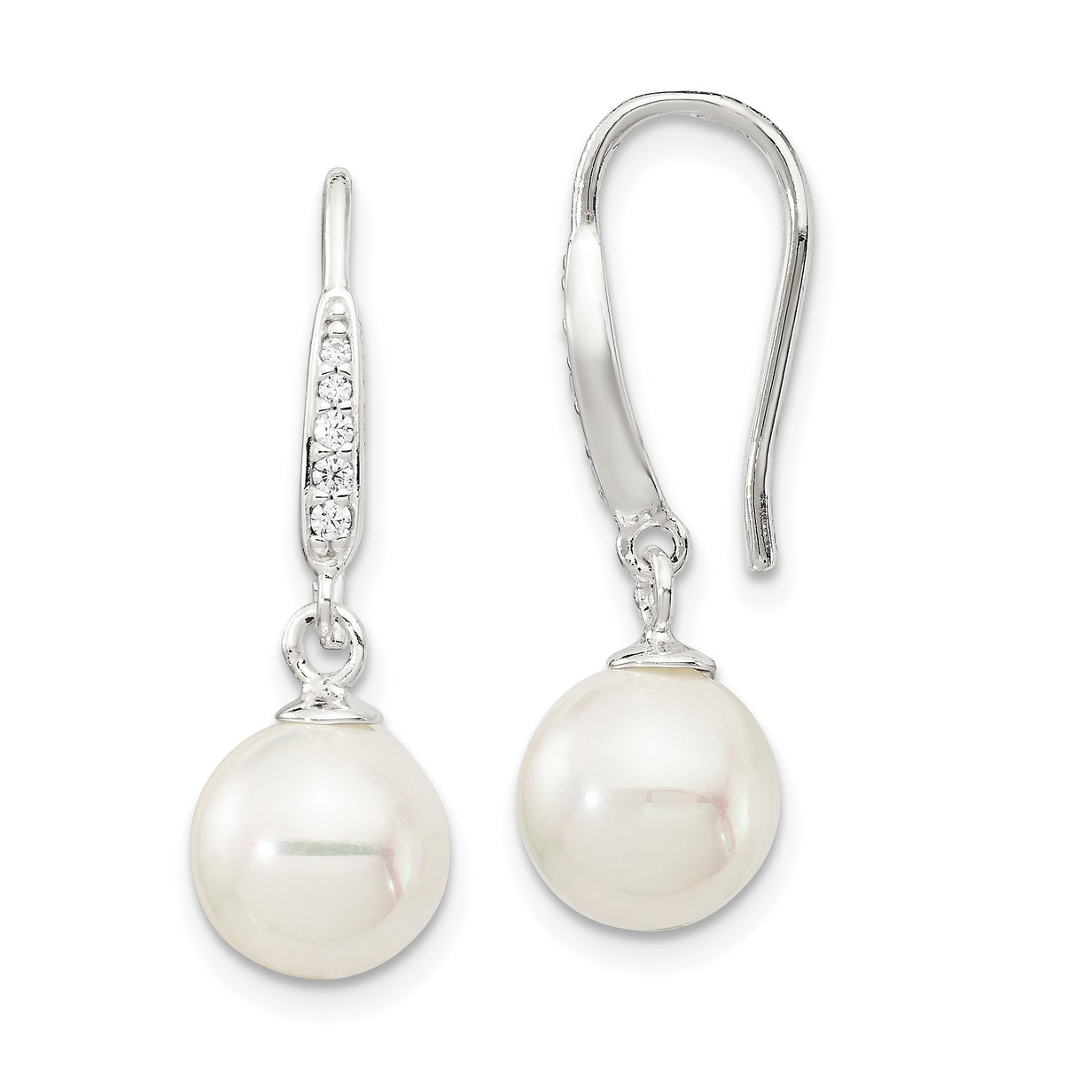 Sterling Silver Dangle Earrings with White Freshwater Cultured Pearls and Cubic Zirconia Accents
