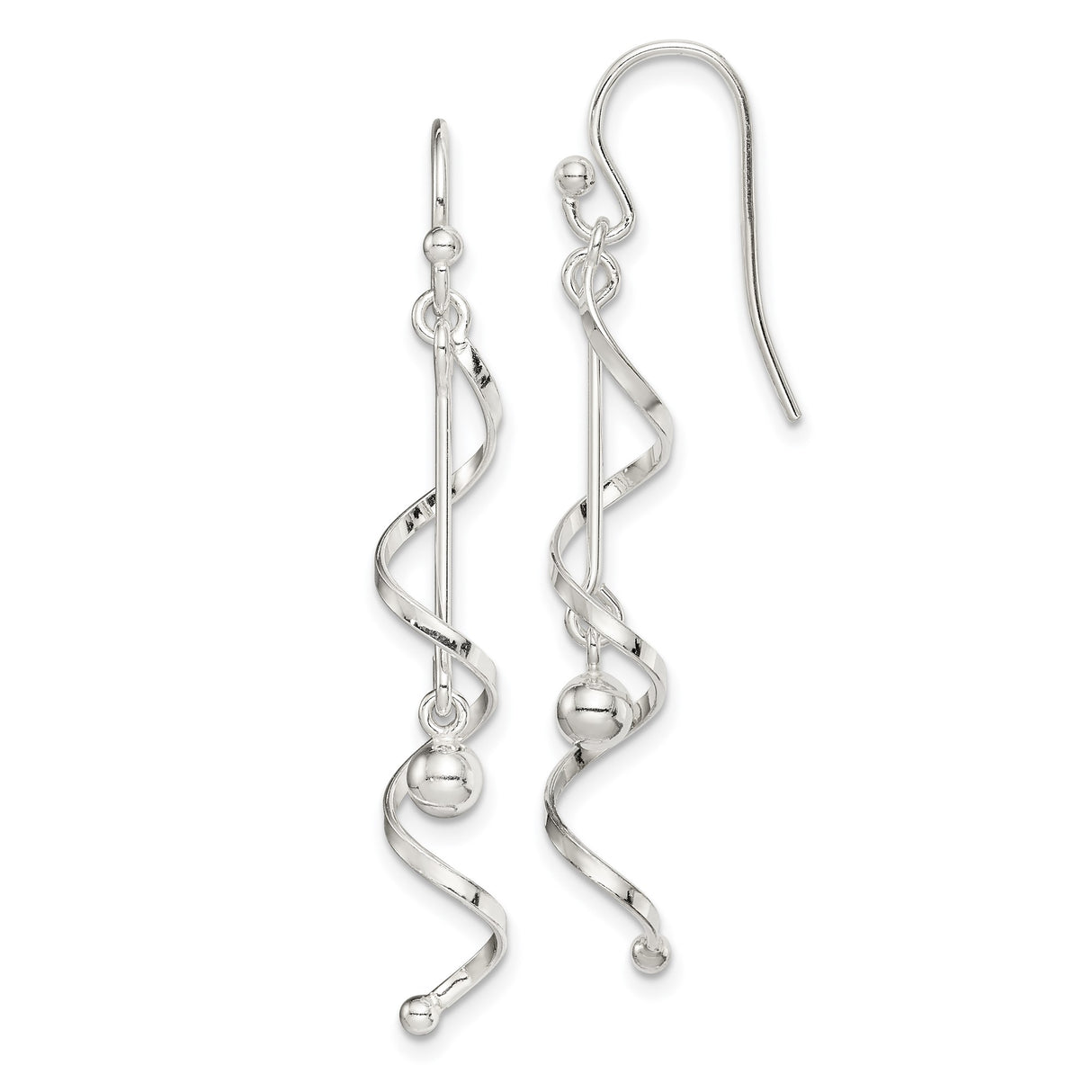 Sterling Silver Spiral Drop Earrings with Polished Bead, Modern Minimalist Dangle Design