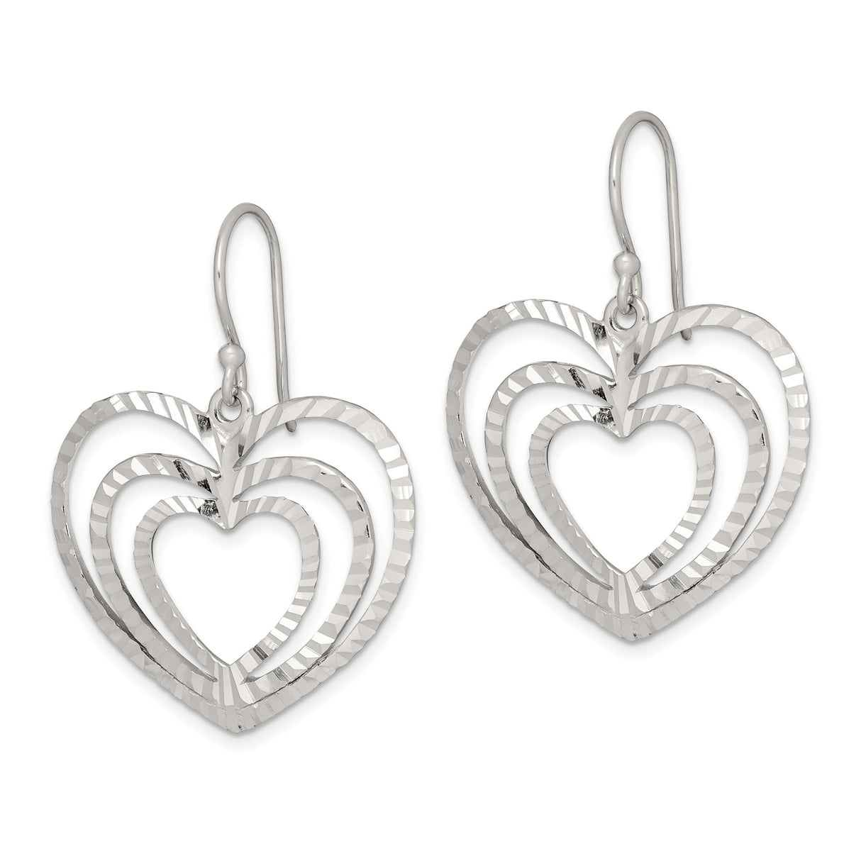 Sterling Silver Triple Heart Dangle Earrings with Diamond-Cut Texture, Romantic Layered Design