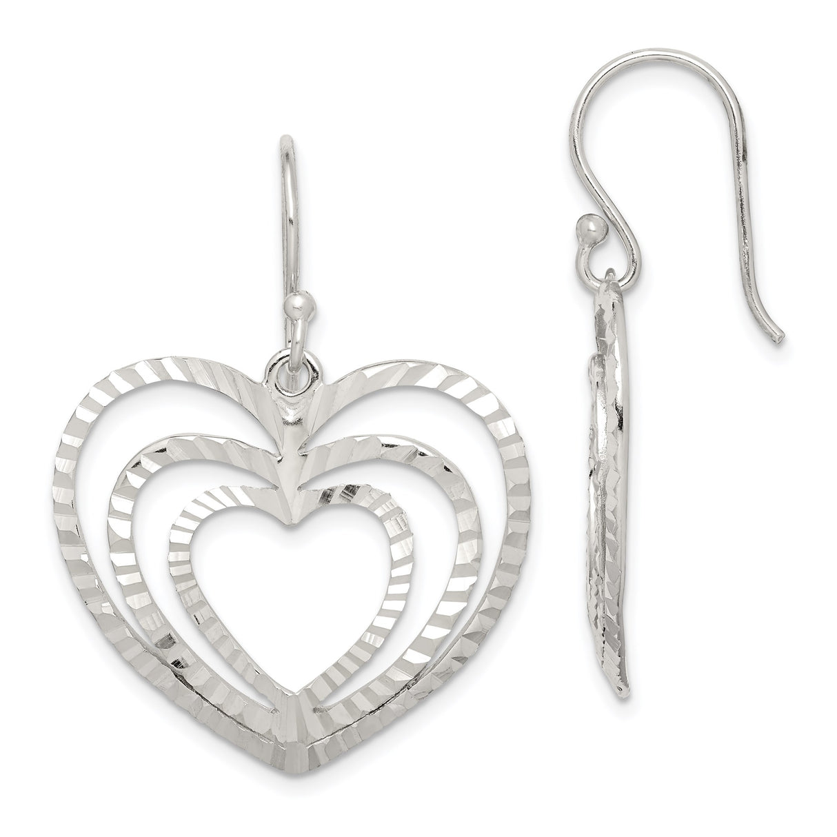 Sterling Silver Triple Heart Dangle Earrings with Diamond-Cut Texture, Romantic Layered Design