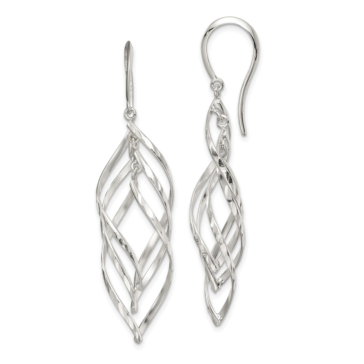 Sterling Silver Dangle Earrings with Twisted Open Leaf Design and Interwoven Wire Detailing