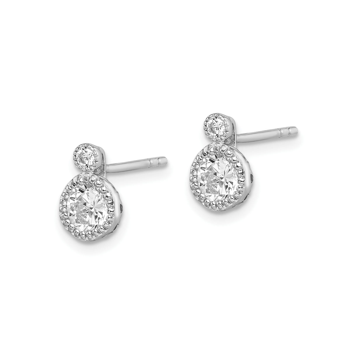 Sterling Silver Stud Earrings with Cubic Zirconia, Double Halo Drop Design