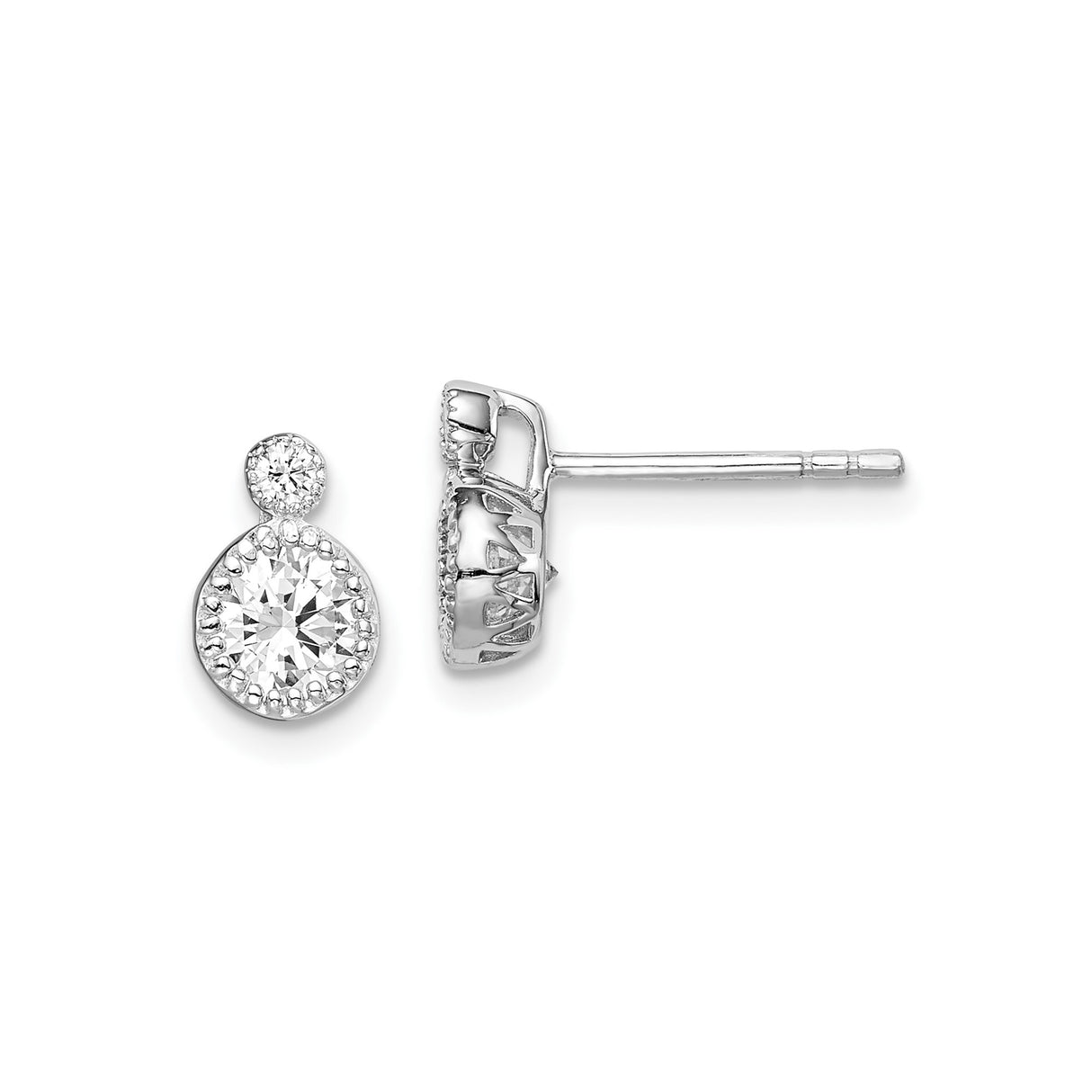 Sterling Silver Stud Earrings with Cubic Zirconia, Double Halo Drop Design