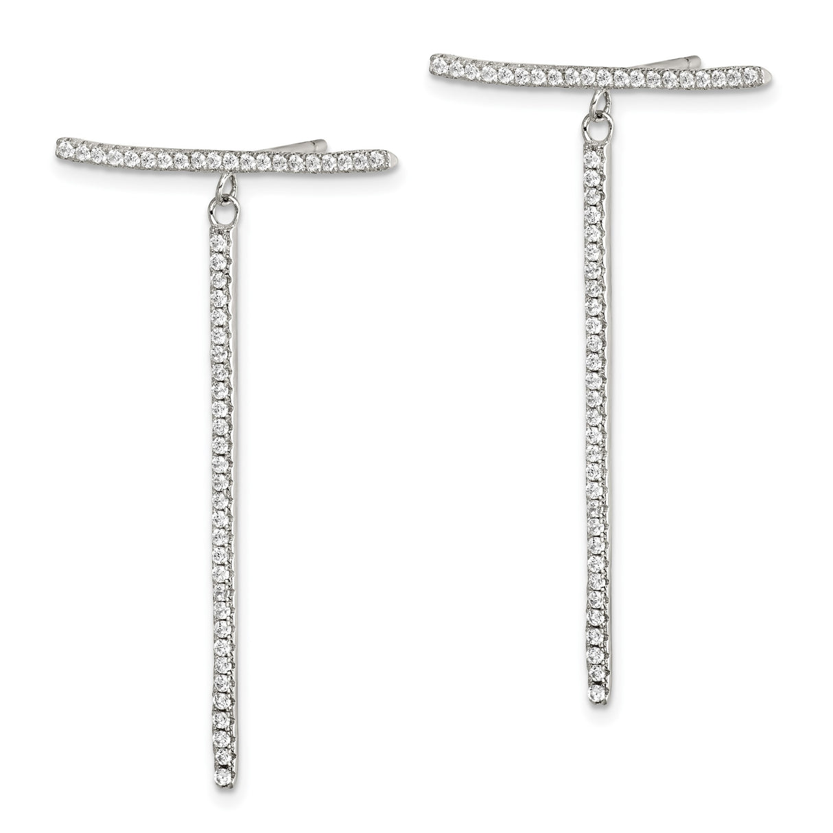 Sterling Silver Dangle Earrings with Cubic Zirconia, Minimalist Linear Bar Drop Design