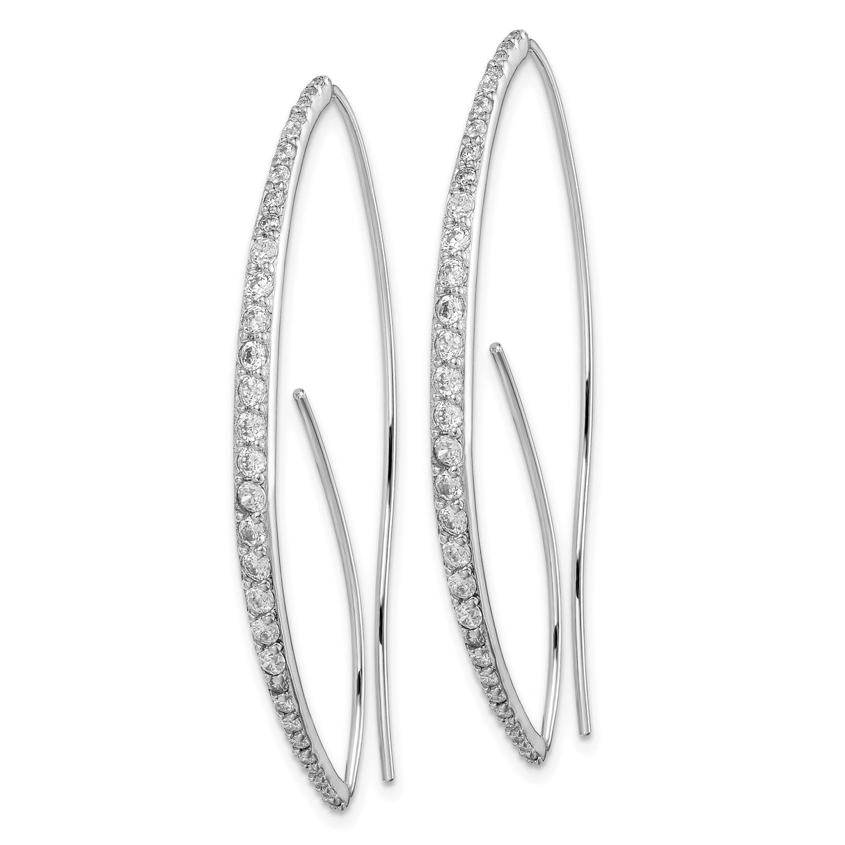 Sterling Silver Long Hook Earrings with Cubic Zirconia, Curved Minimalist Threader Dangle Style