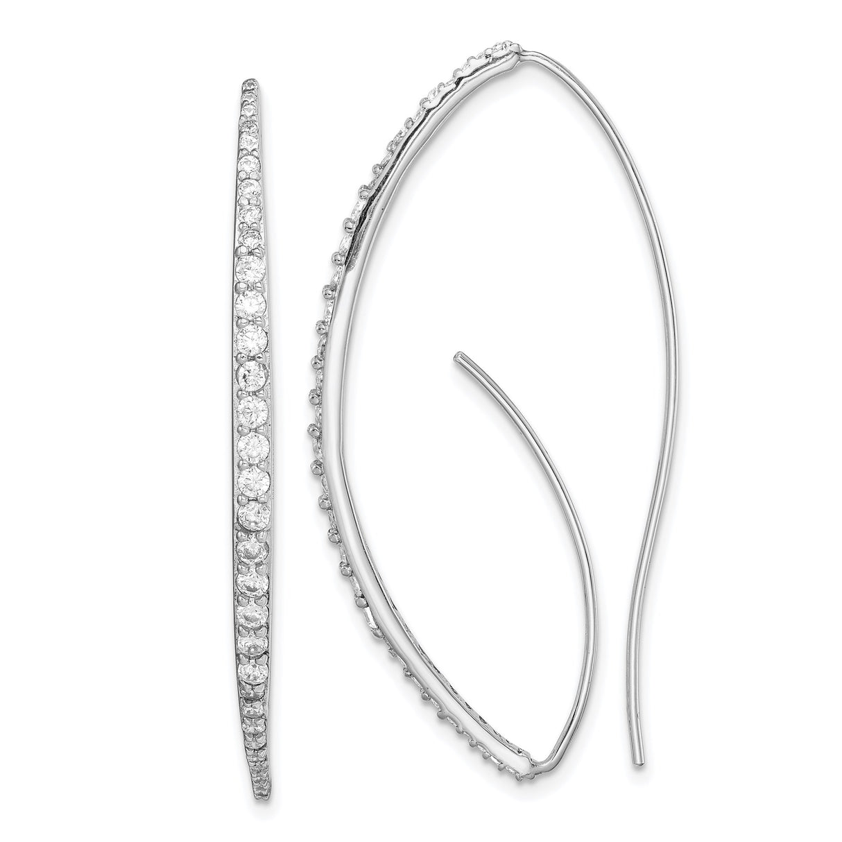 Sterling Silver Long Hook Earrings with Cubic Zirconia, Curved Minimalist Threader Dangle Style