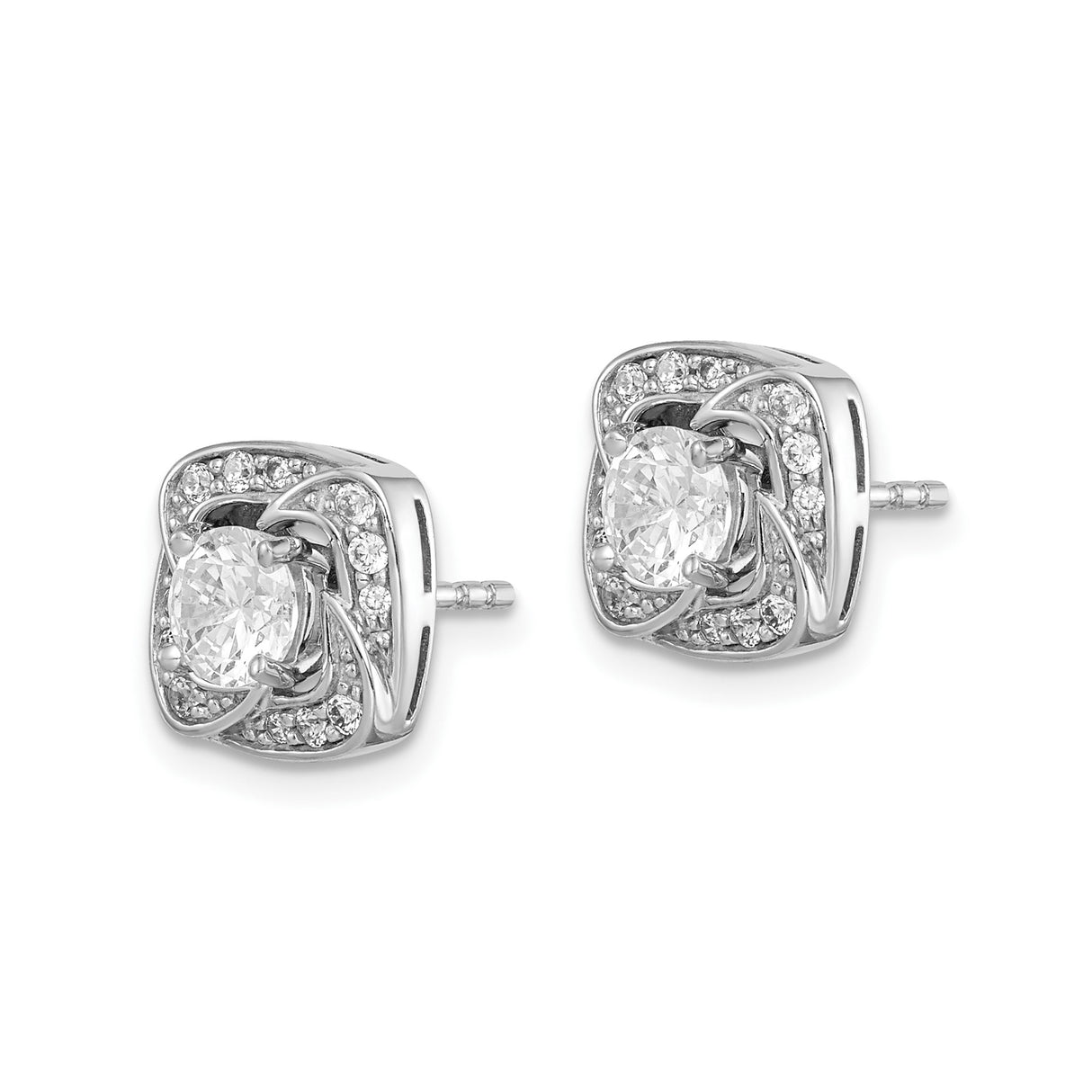 Sterling Silver Stud Earrings with Round Cut Cubic Zirconia and Floral Halo Design