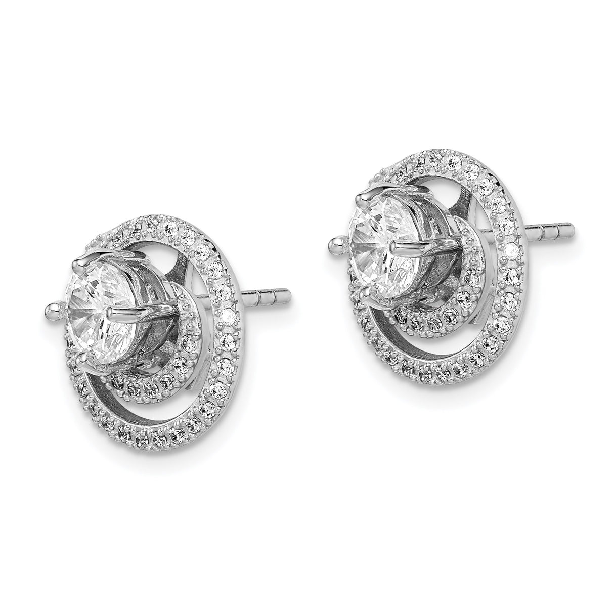Sterling Silver Stud Earrings with Round Cubic Zirconia, Double Pavé Halo and Swirl Design