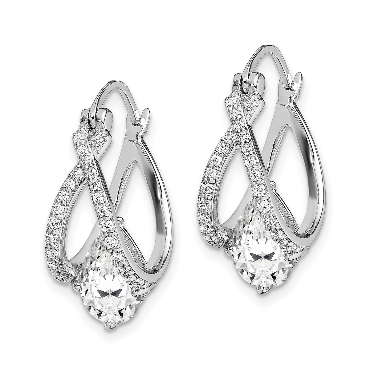Sterling Silver Teardrop Dangle Earrings with Crisscross Pavé and Pear-Shaped Cubic Zirconia