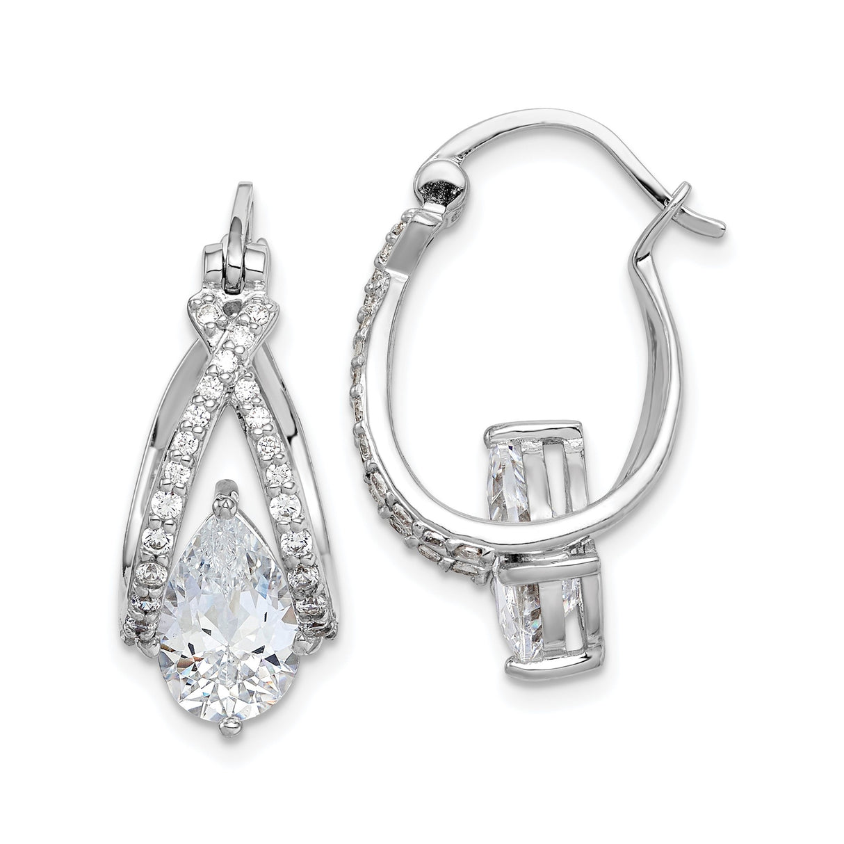 Sterling Silver Teardrop Dangle Earrings with Crisscross Pavé and Pear-Shaped Cubic Zirconia