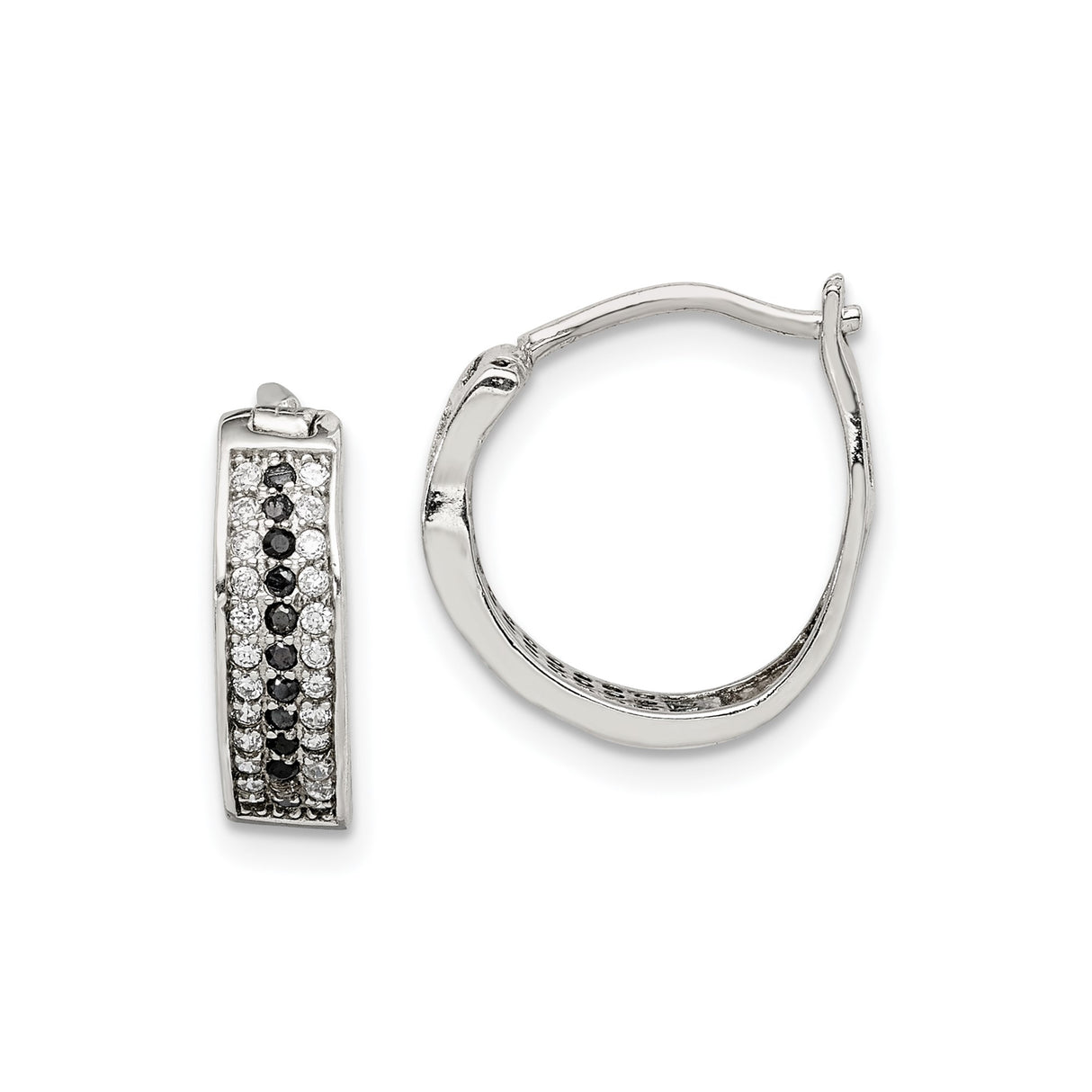 Sterling Silver Hoop Earrings with Black and White Cubic Zirconia, Modern Rectangular Design