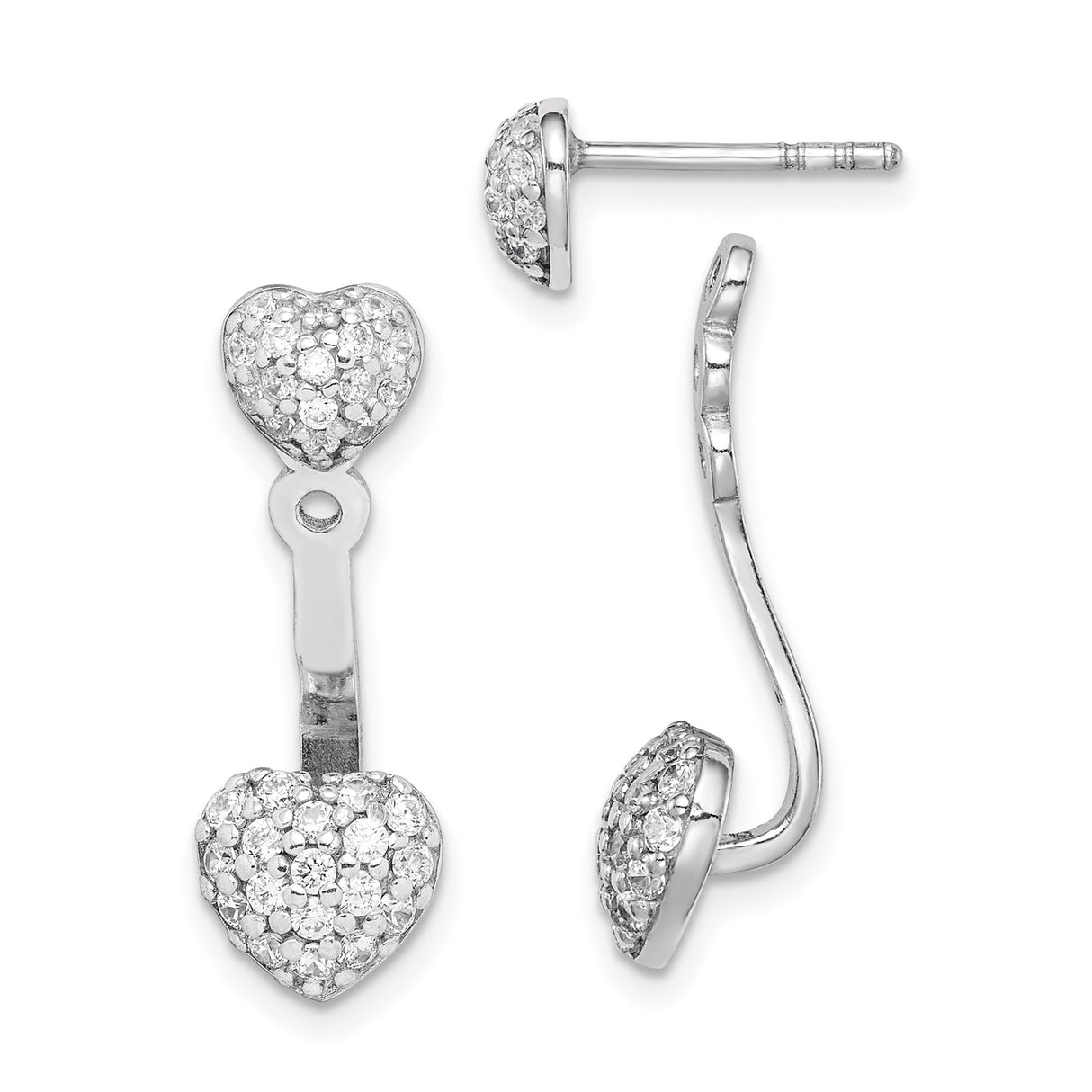 Sterling Silver Heart Earrings with Double Heart Jacket and Cubic Zirconia Accents