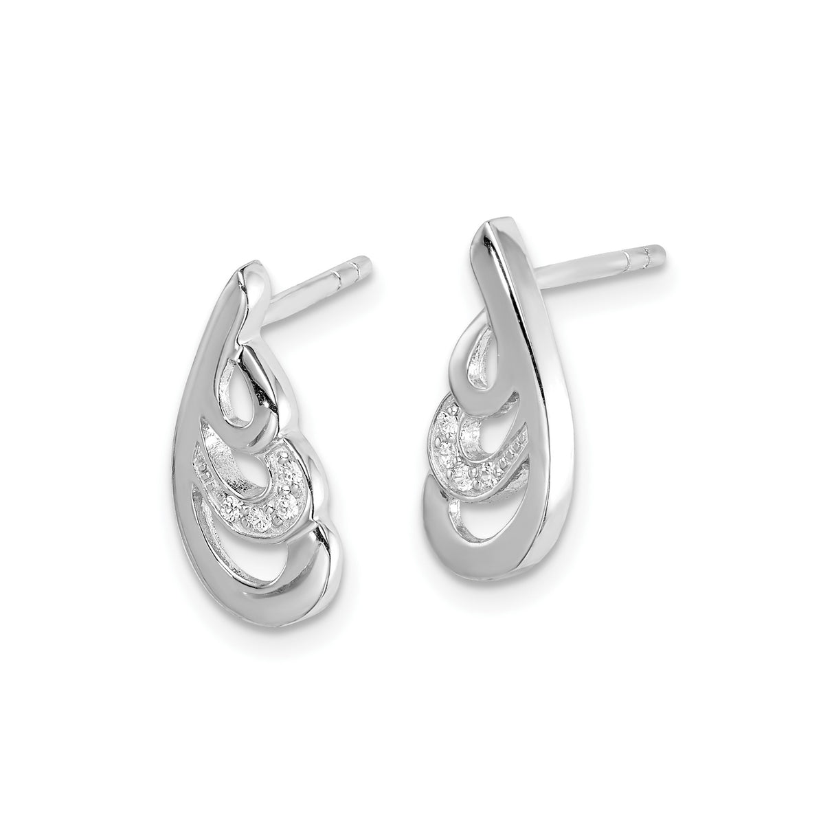 Sterling Silver Teardrop Stud Earrings with Abstract Swirl Design and Cubic Zirconia Accents