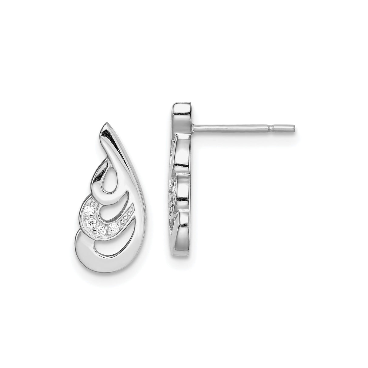 Sterling Silver Teardrop Stud Earrings with Abstract Swirl Design and Cubic Zirconia Accents