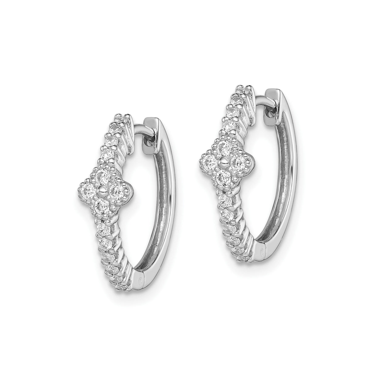 Sterling Silver Hoop Earrings with Floral Cluster Cubic Zirconia, Rhodium Plated Pave Set