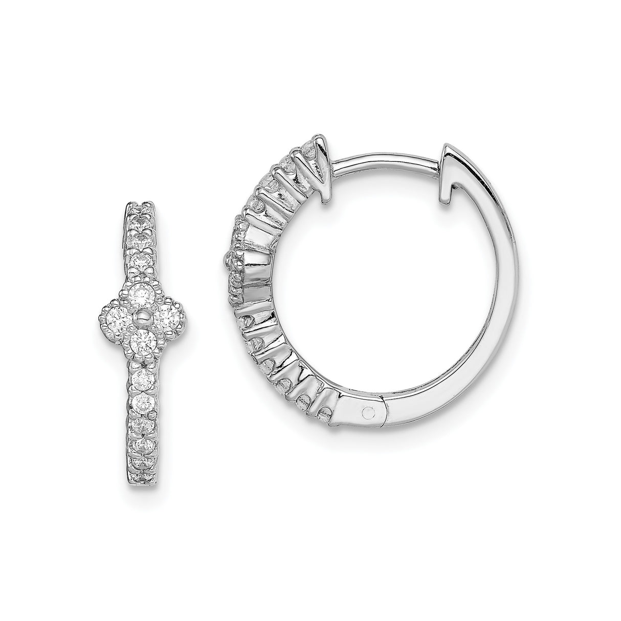 Sterling Silver Hoop Earrings with Floral Cluster Cubic Zirconia, Rhodium Plated Pave Set