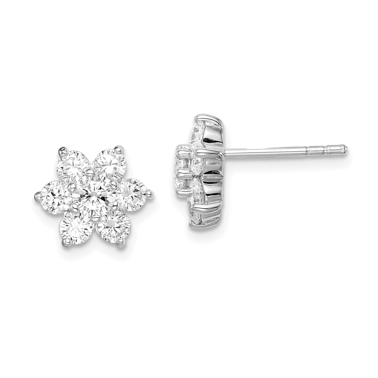 Sterling Silver Flower Stud Earrings with Cubic Zirconia in Six-Petal Floral Design