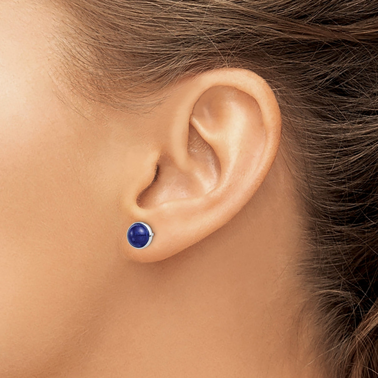 Sterling Silver Lapis Stud Earrings, Round Lapis Lazuli Cabochon, Minimalist Style for Women
